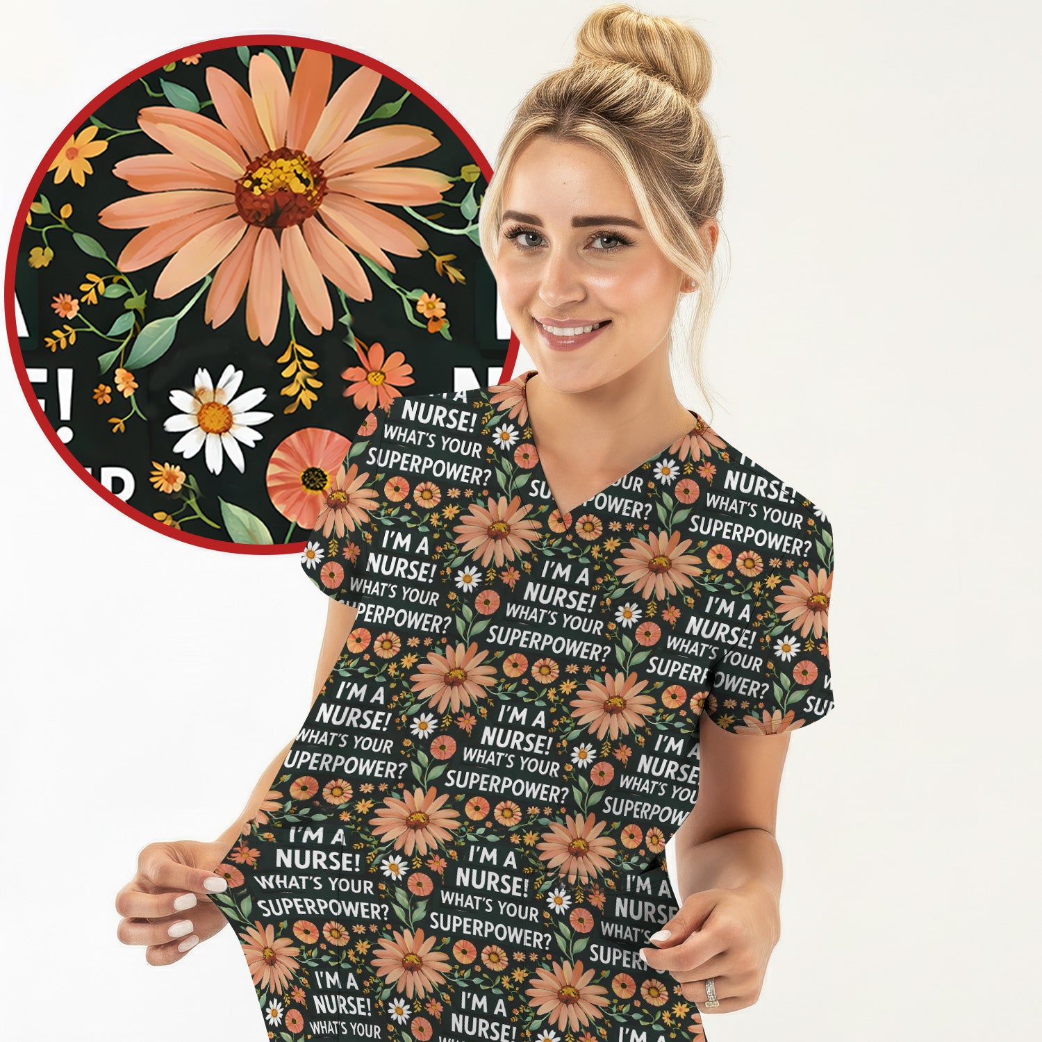 Funny Nurse Superpower Floral Pattern Scrub Top, Breathable Fabrics Nursing Uniform