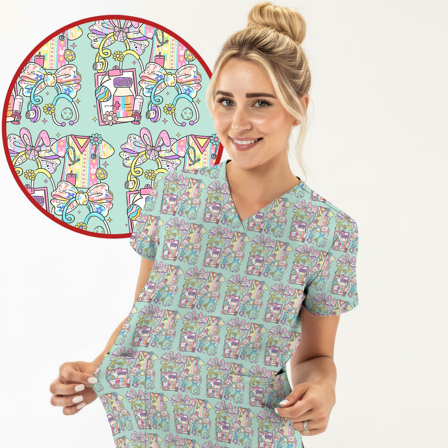 Colorful Nurse Scrub Supplies Pattern Scrub Top, Breathable Fabrics Nursing Uniform