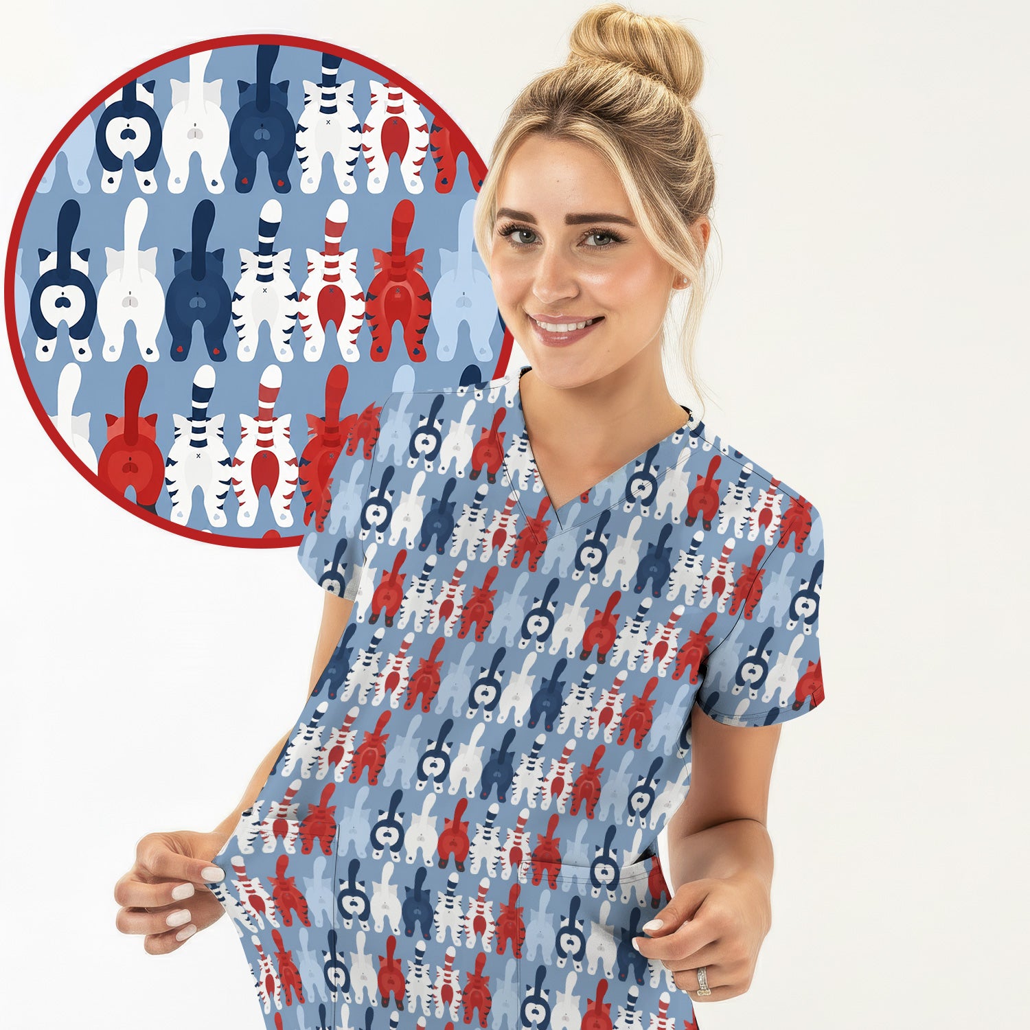 Colorful Patriotic Cat Tail Pattern Scrub Top, Comfortable Scrubs for Nurses