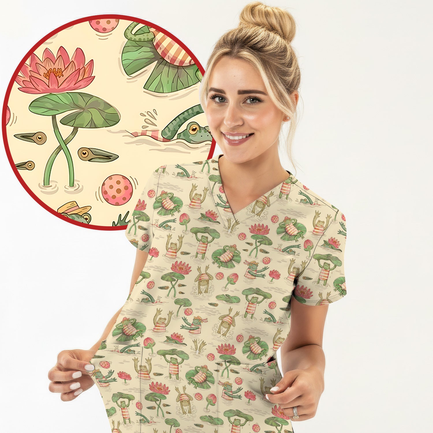 Cute Frogs Swimming Lily Pond Pattern Scrub Top, Comfortable Scrubs for Nurses