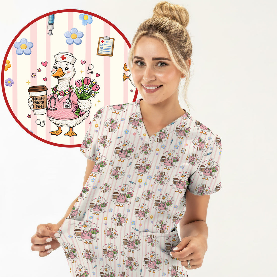 Cartoon Nurse Goose Pattern Scrub Top, Comfortable Scrubs for Nurses