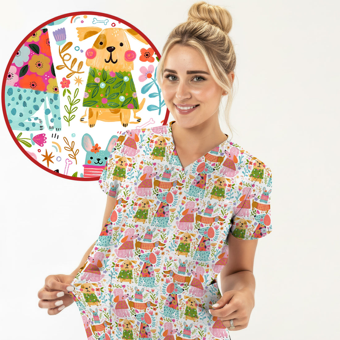 Cute Colorful Dog Floral Cartoon Pattern Scrub Top, Comfortable Scrubs For Nurses