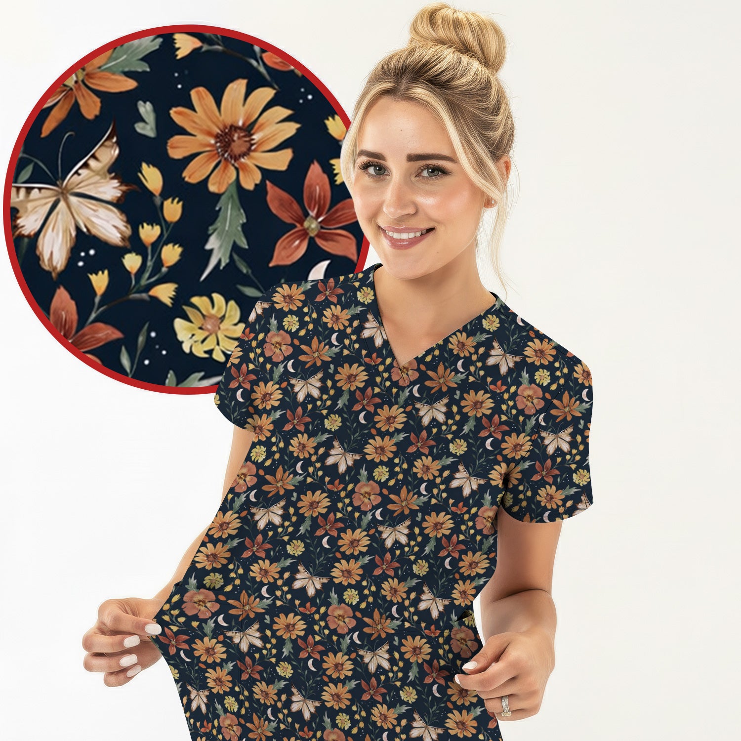 Charming Autumn Floral Butterfly Moon Pattern Scrub Top, Breathable Fabrics Nursing Uniform