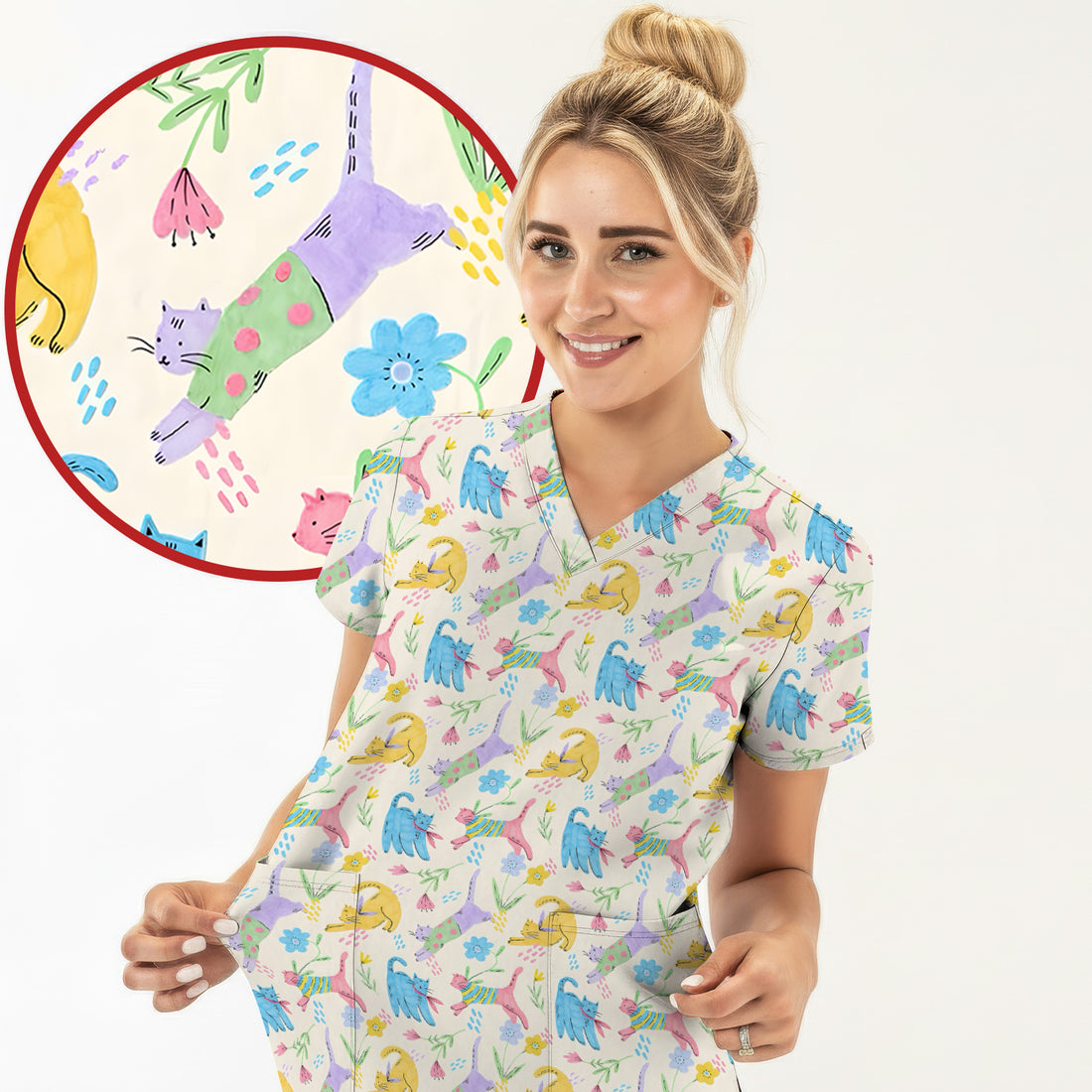 Cute Colorful Cat Floral Pattern Scrub Top, Comfortable Scrubs For Nurses