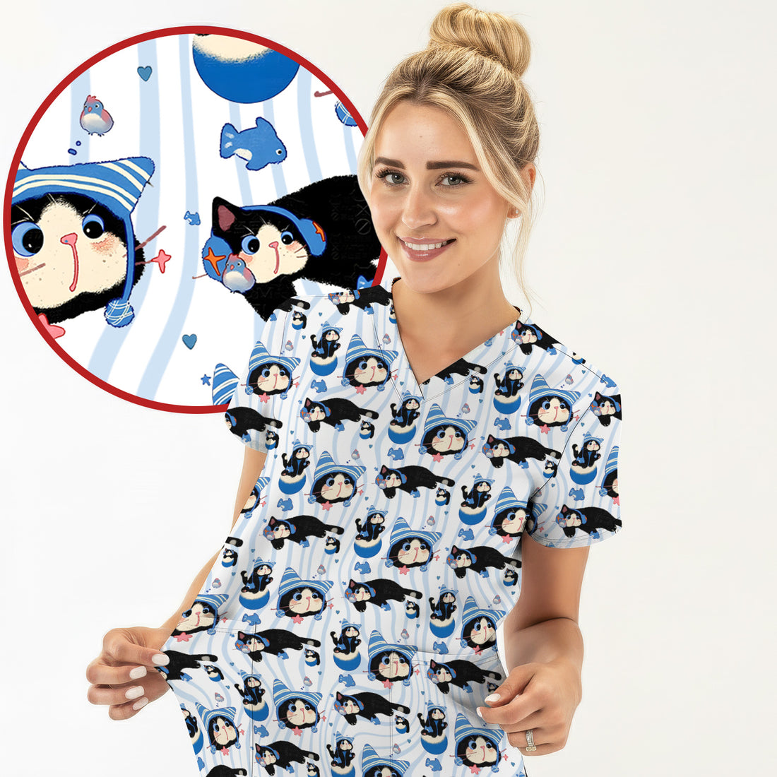 Charming Kitten Fish Pattern Scrub Top, Comfortable Scrubs for Nurses