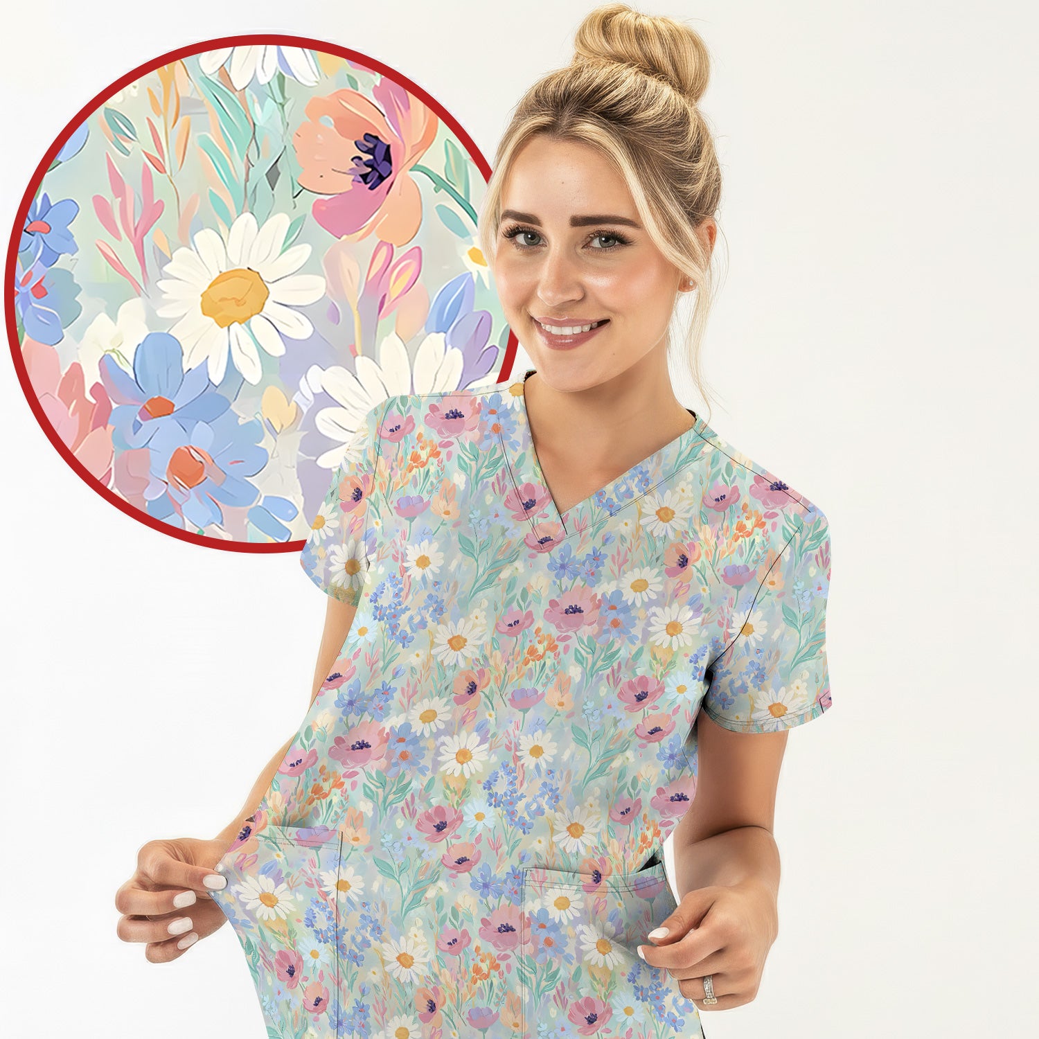Pastel Wildflower Meadow Floral Pattern Scrub Top, Breathable Fabrics Nursing Uniform