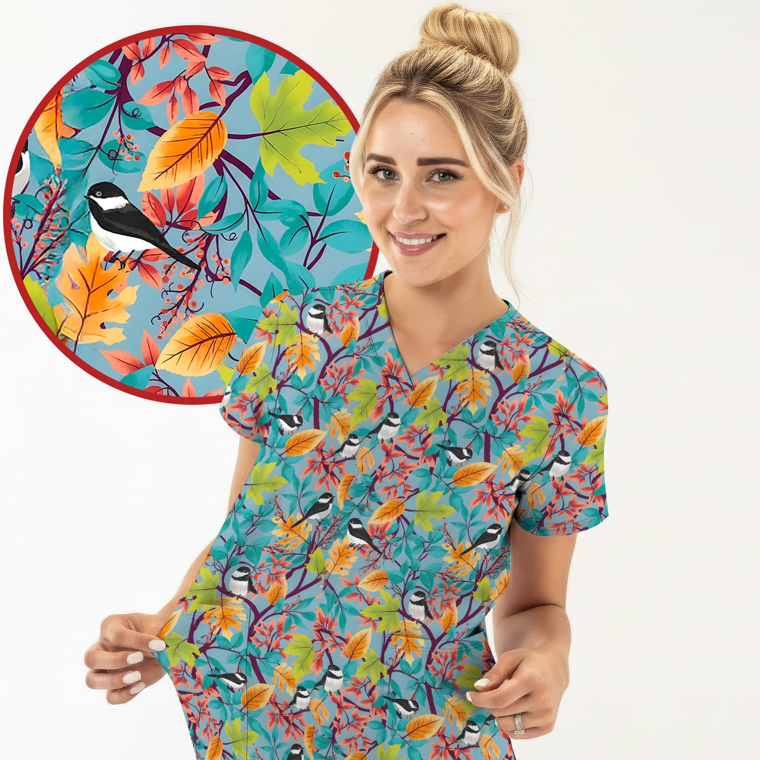 Autumn Leaf Chickadee Bird Pattern Scrub Top, Breathable Fabrics Nursing Uniform