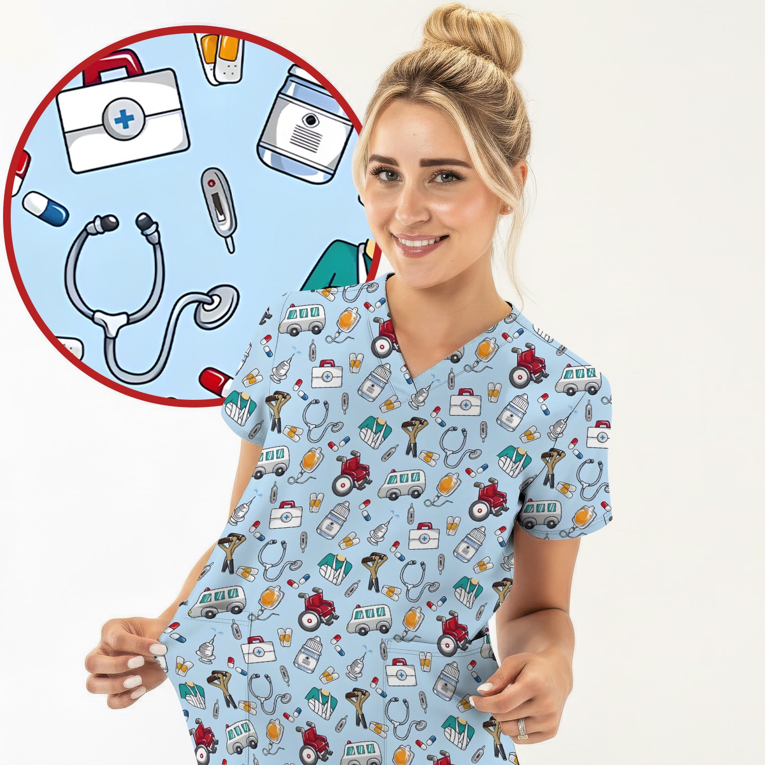 Care Medical Tools & Emergency Transport Pattern Scrub Top, Comfortable Scrubs for Nurses