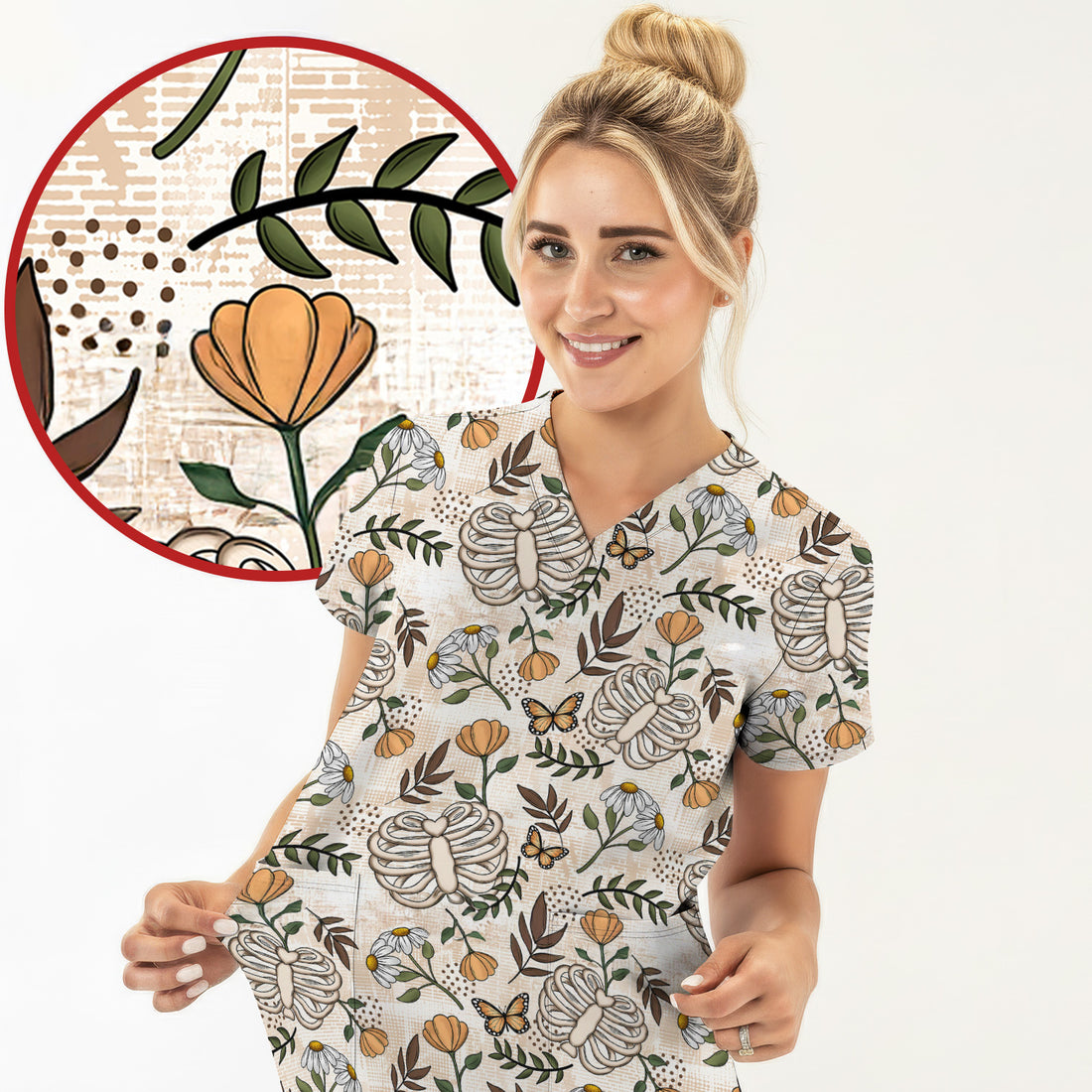 Skeleton Ribcage With Daisy And Butterfly Floral Scrub Top, Breathable Fabrics Nursing Uniform
