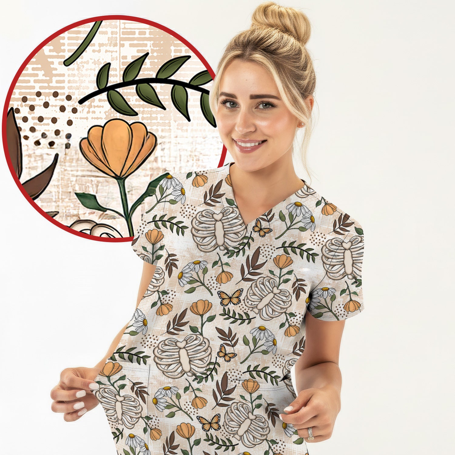 Skeleton Ribcage With Daisy And Butterfly Floral Scrub Top, Breathable Fabrics Nursing Uniform