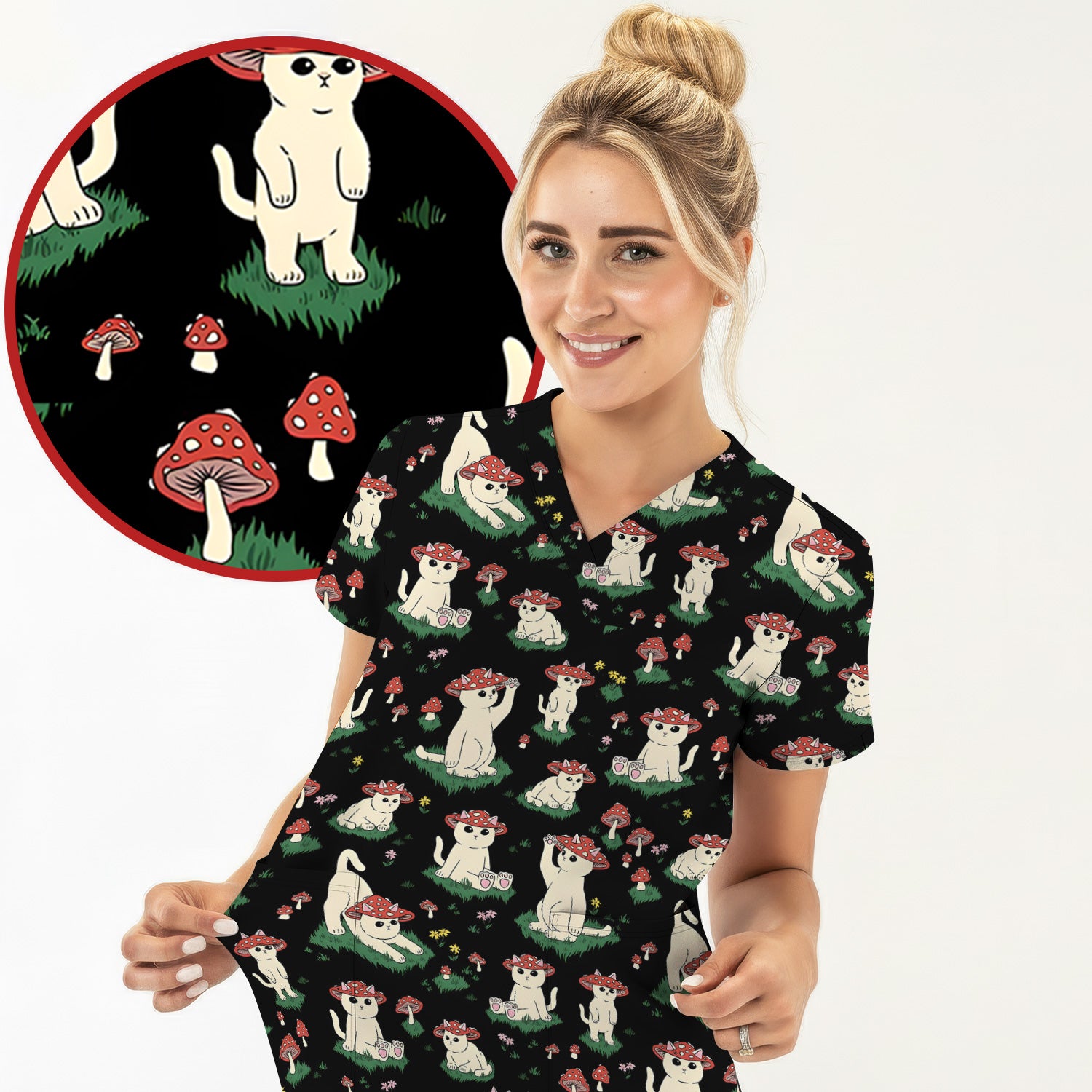 Cute Mushroom Cat Pattern Scrub Top, Comfortable Scrubs for Nurses