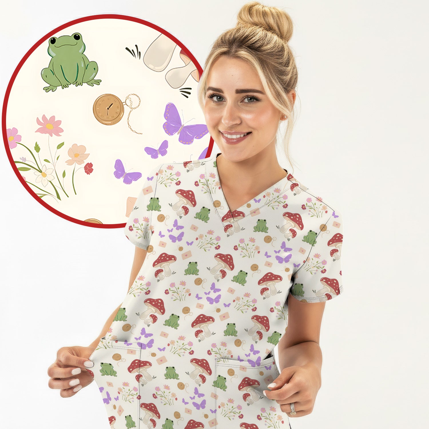 Adorable Nurse Frog and Mushroom Garden Print Scrub Top, Comfortable Scrubs for Nurses