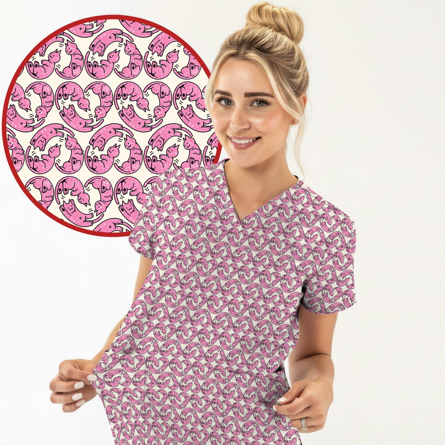 Cute Pink Cat Cartoon Pattern Scrub Top, Comfortable Scrubs for Nurses
