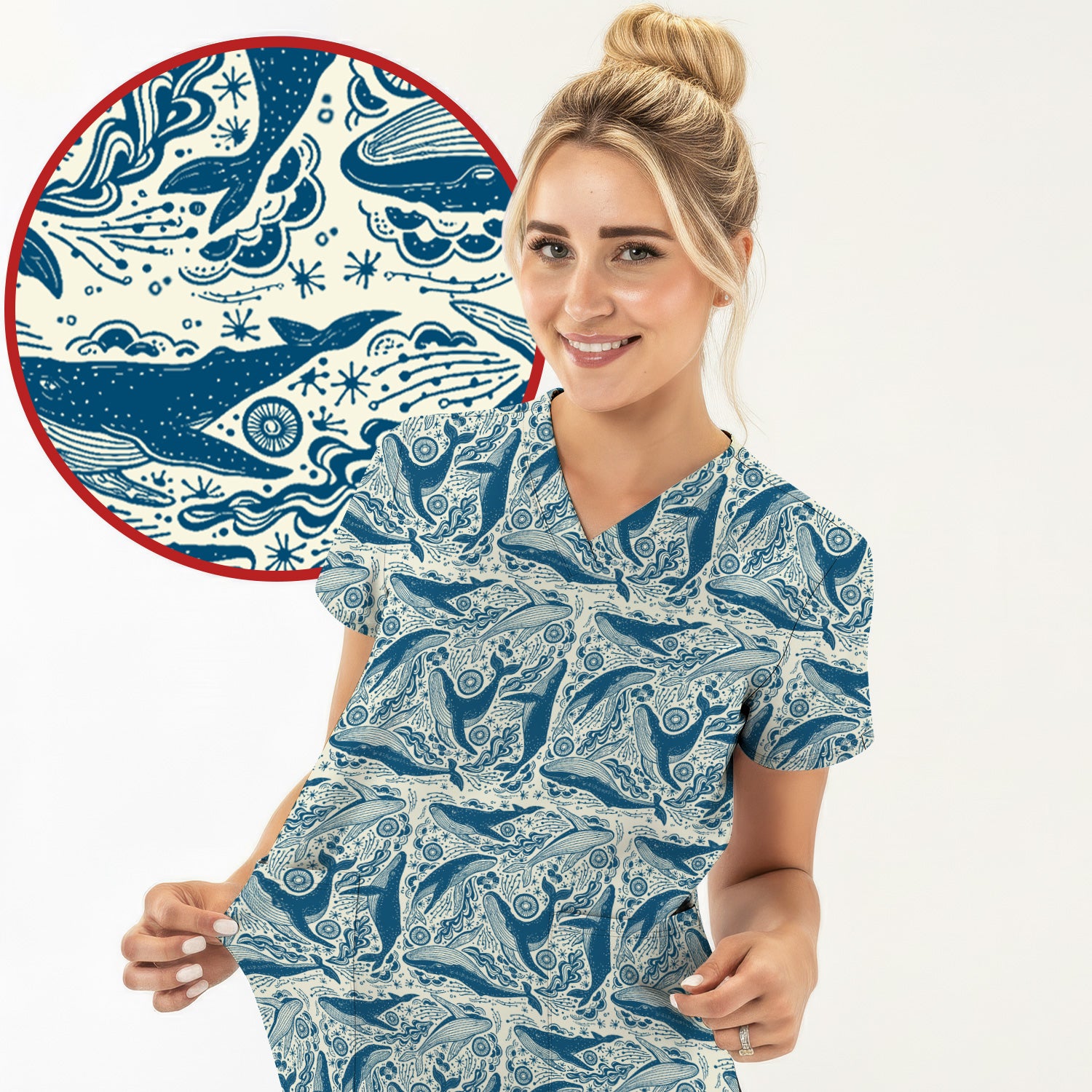 Blue Whale Ocean Pattern Scrub Top, Breathable Fabrics Nursing Uniform