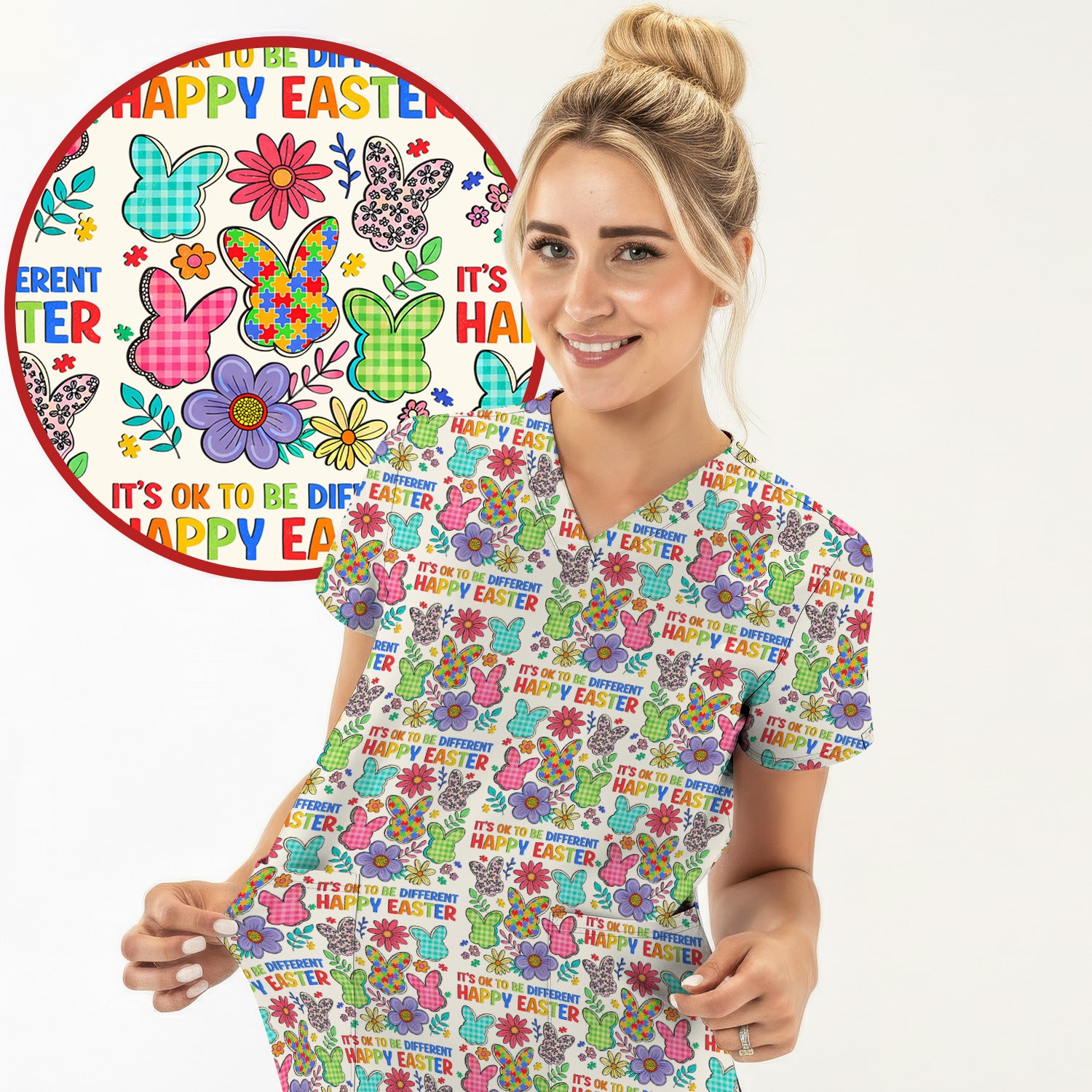 Happy Easter Bunny Floral Print Scrub Top, Breathable Fabrics Nursing Uniform
