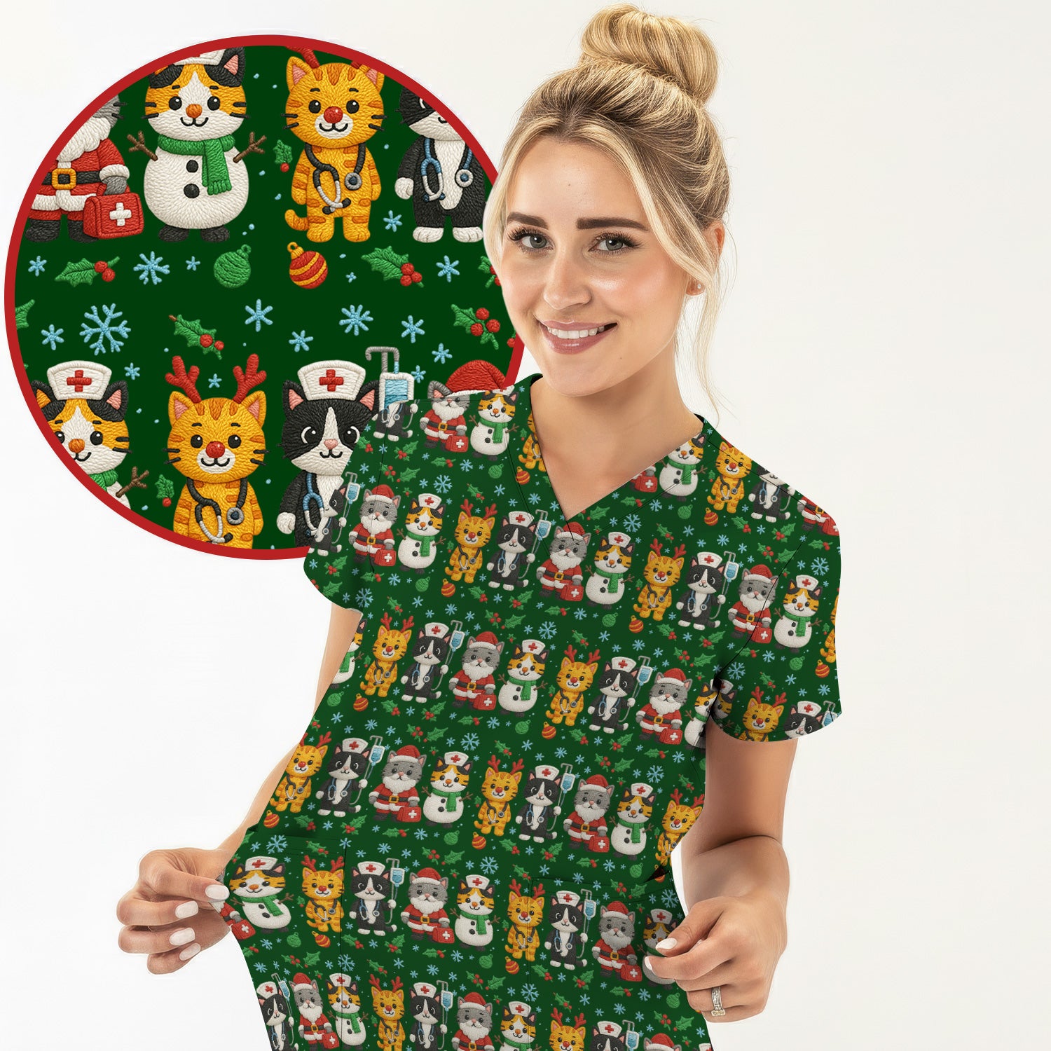 Christmas Cat Nurse Pattern Scrub Top, Cute Holiday Kitty Medical Uniform Shirt For Nursing