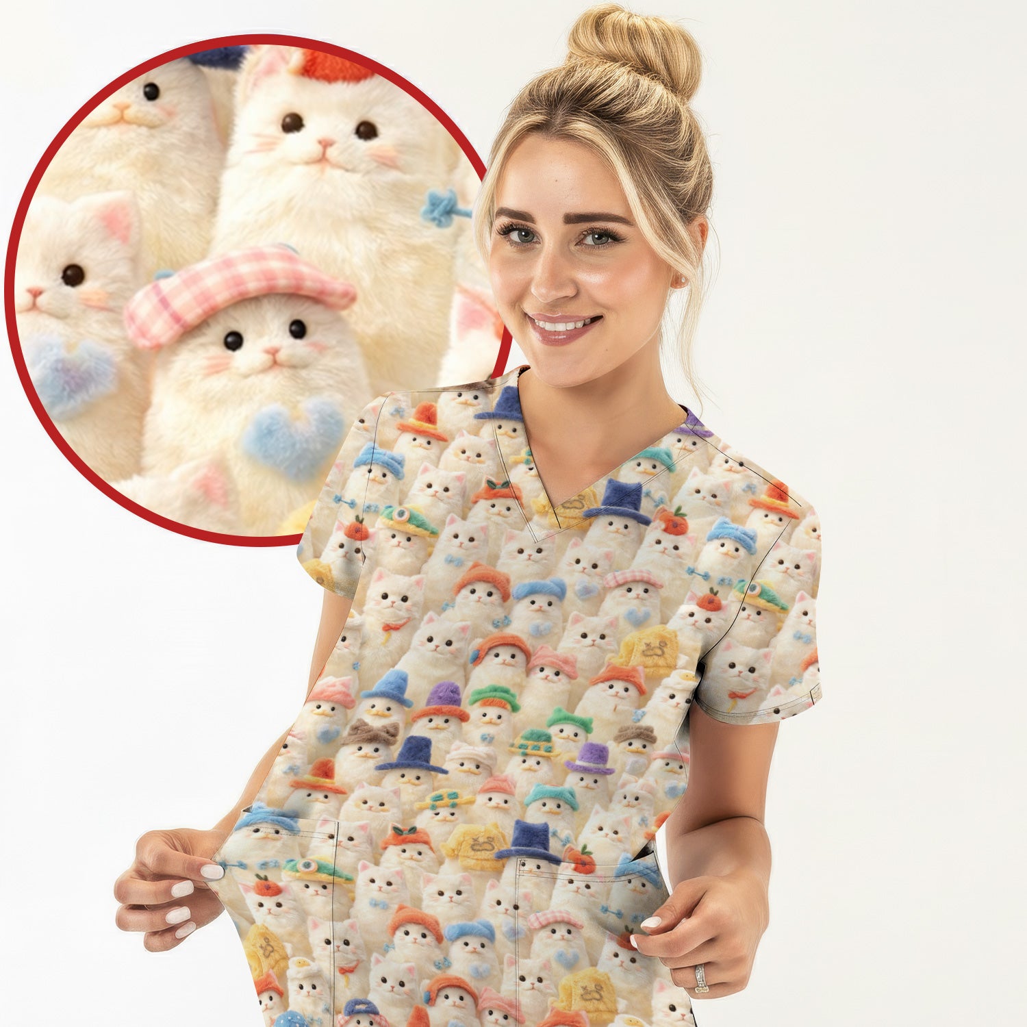 Adorable Cats Wearing Colorful Hats Pattern Scrubs Top, Comfortable Scrubs for Nurses