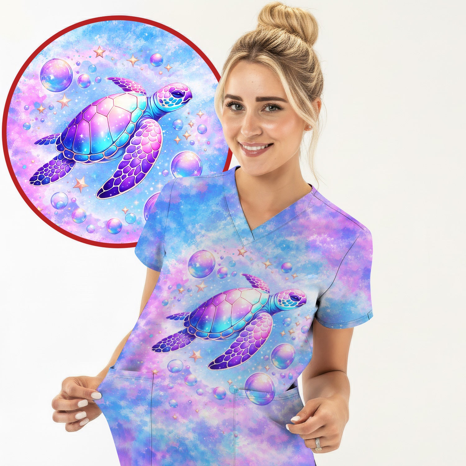 Pastel Galaxy Sea Turtle Bubble Art Scrub Top, Breathable Fabrics Nursing Uniform