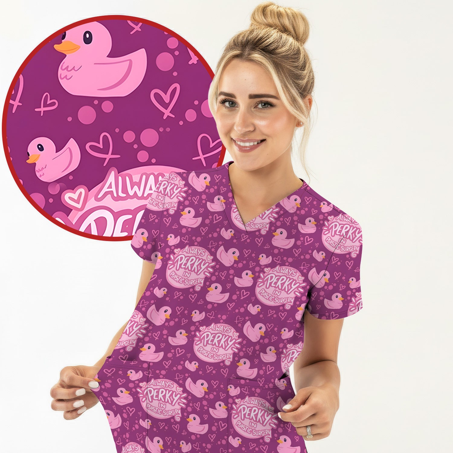 Always Perky Plastic Surgery Duck Pattern Scrub Top, Comfortable Scrubs for Nurses