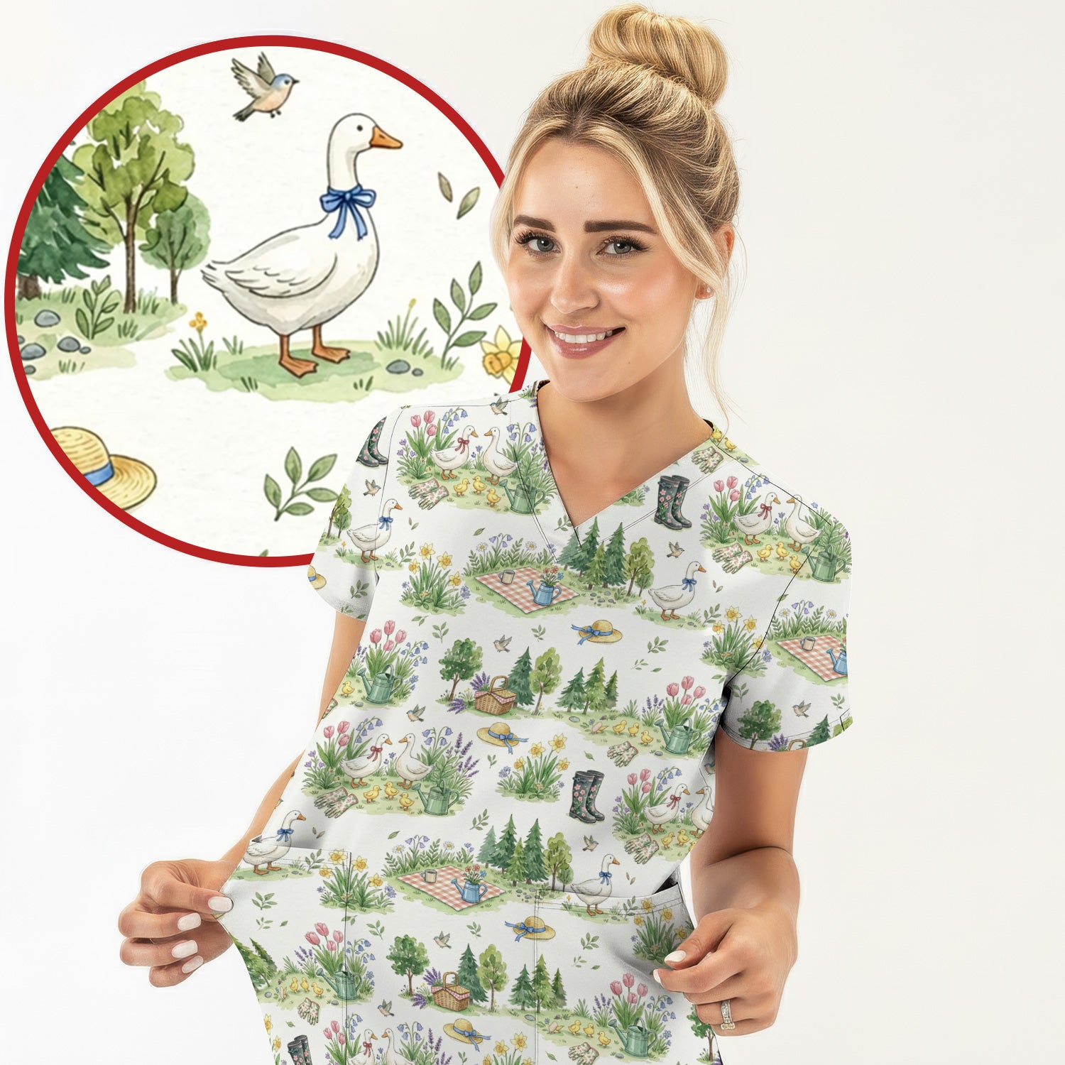 Cute Duck Garden Pattern Scrub Top, Spring Floral Countryside Nursing Uniform