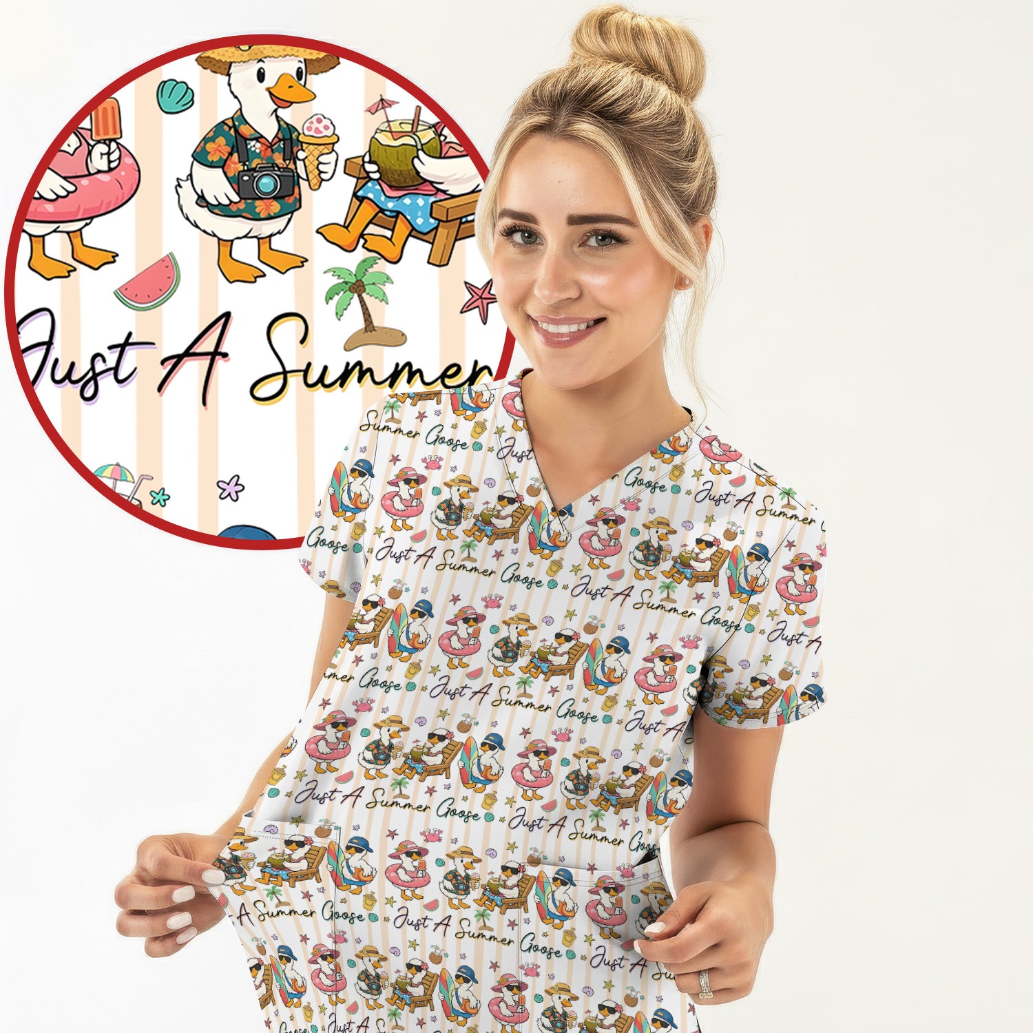 Summer Beach Goose Vacation Pattern Scrub Top, Comfortable Scrubs for Nurses