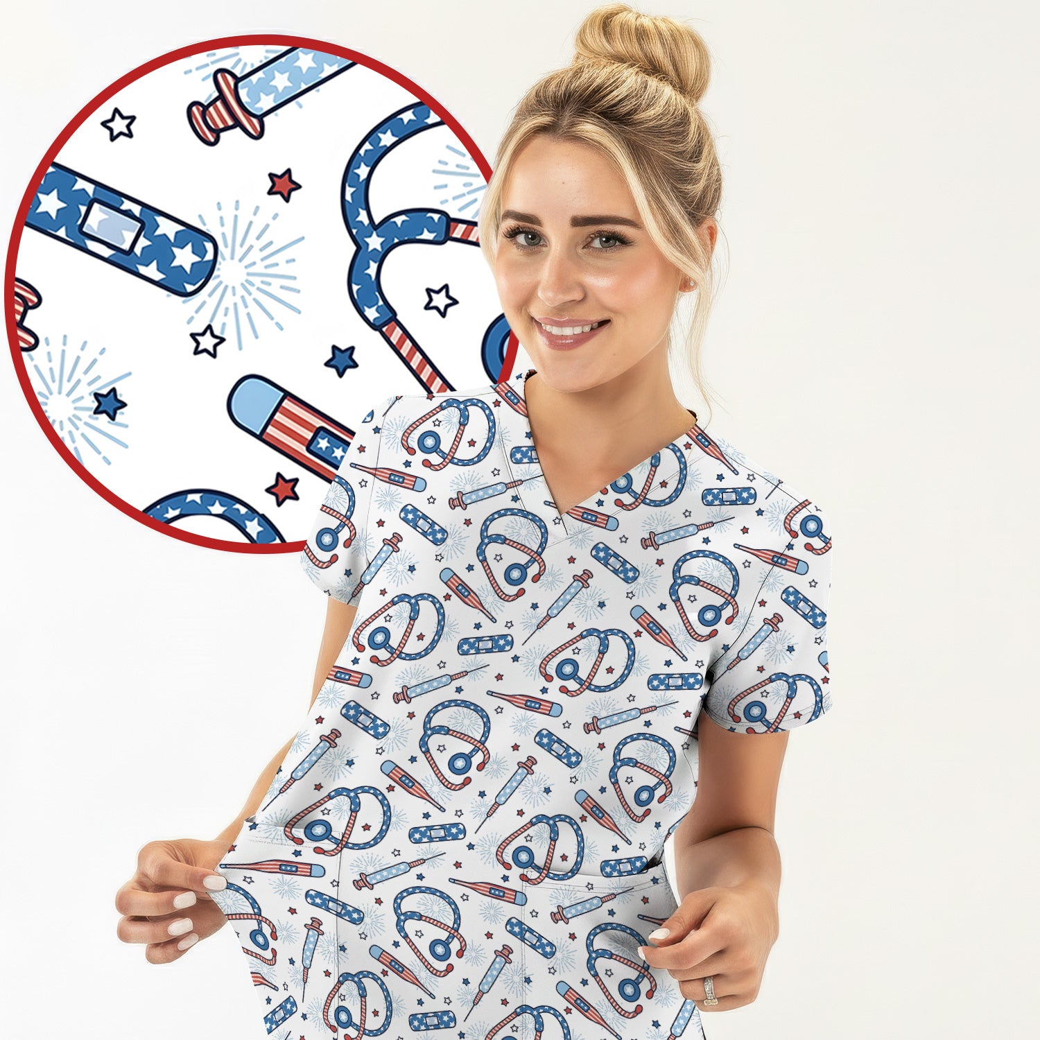 Funny Patriotic Stethoscope Bandage Nurse Pattern Scrub Top, Comfortable Scrubs for Nurses