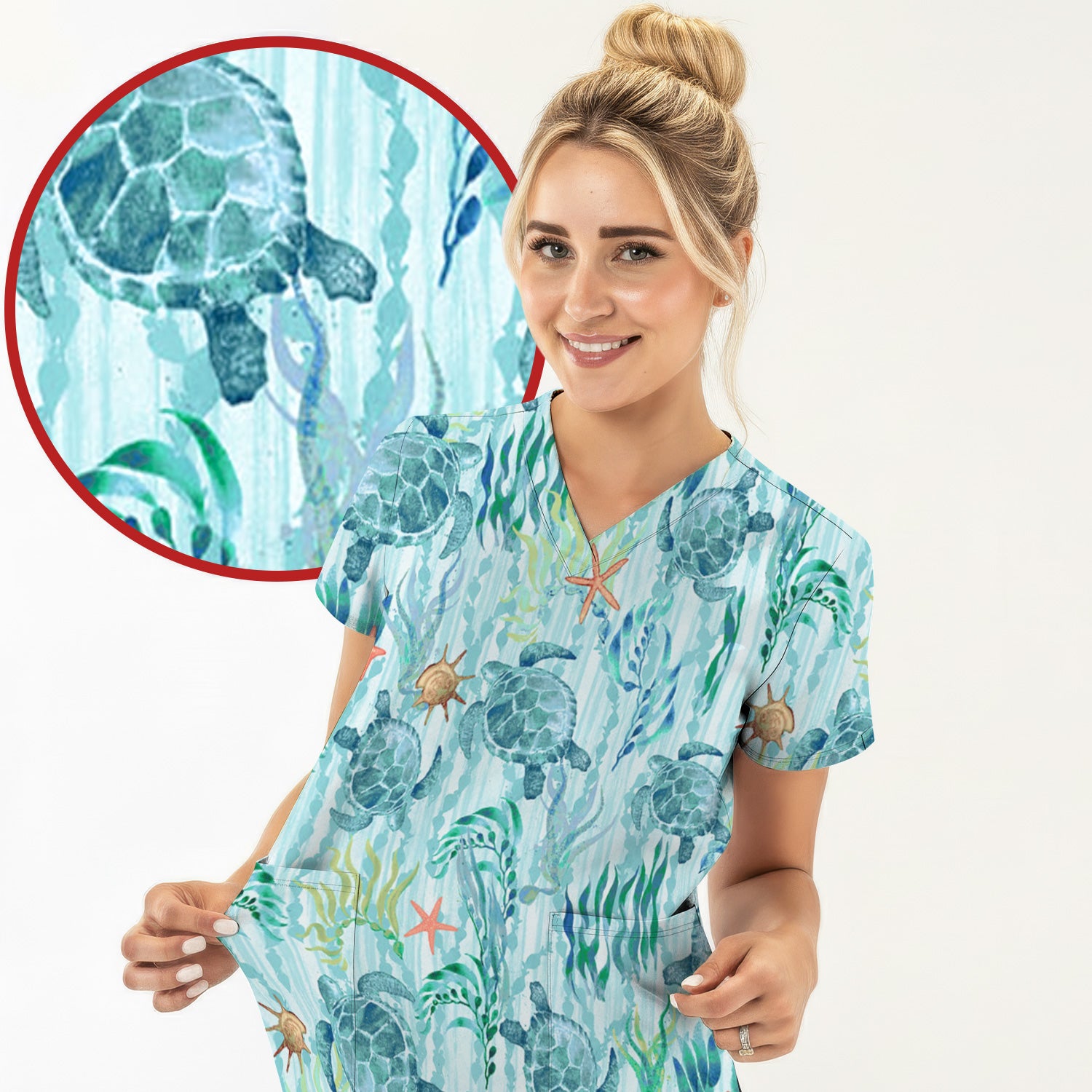 Sea Turtle Ocean Watercolor Print Scrub Top, Comfortable Scrubs for Nurses
