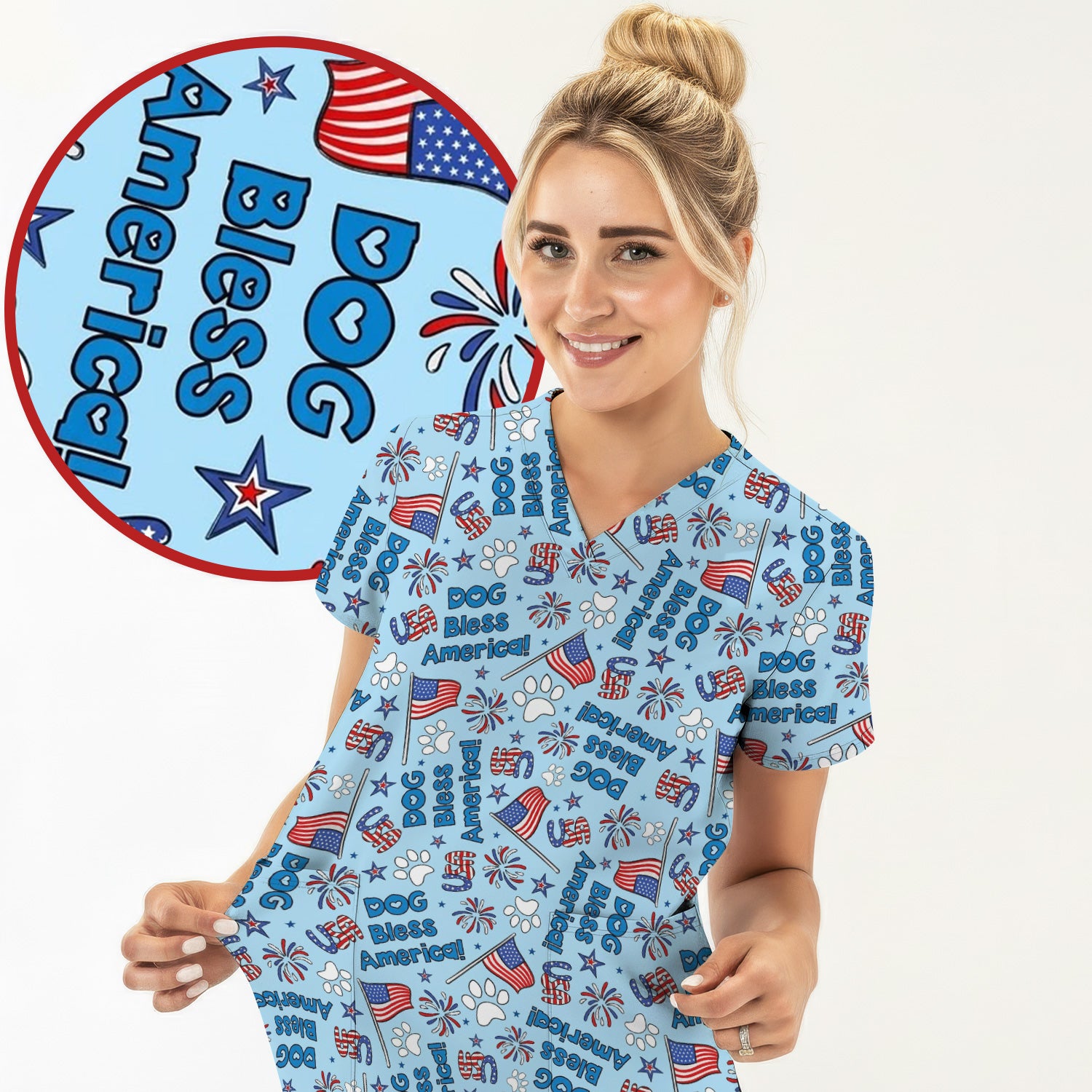 Funny Patriotic Dog Bless America Flag Pattern Scrub Top, Comfortable Scrubs for Nurses