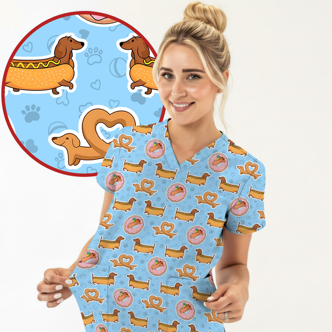 Cute Dachshund Donut Heart Pattern Scrub Top, Comfortable Scrubs For Nurses