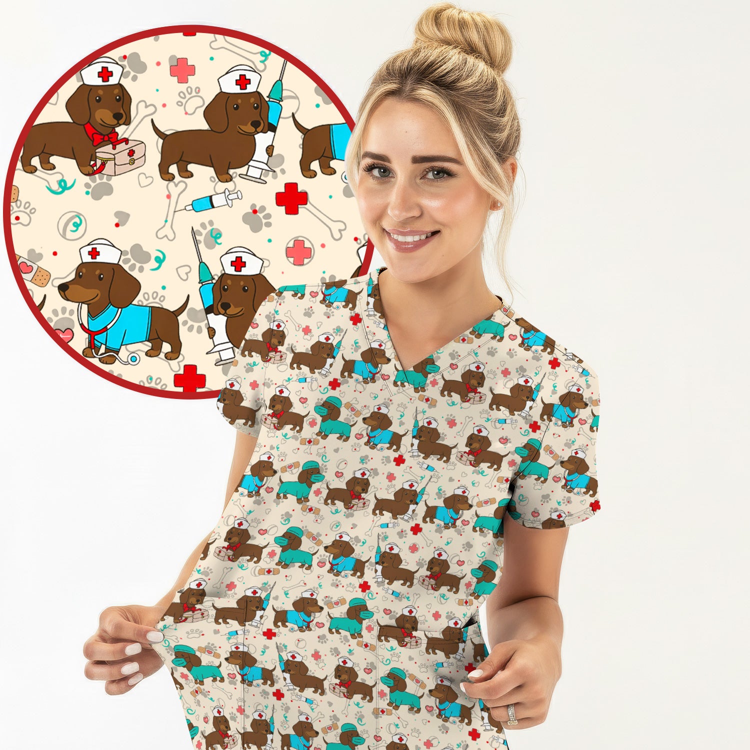 Cute Wiener Dog Dachshund Nurse Scrub Top, Funny Dachshund Dog Scrubs Shirt, Breathable Fabrics Nursing Uniform