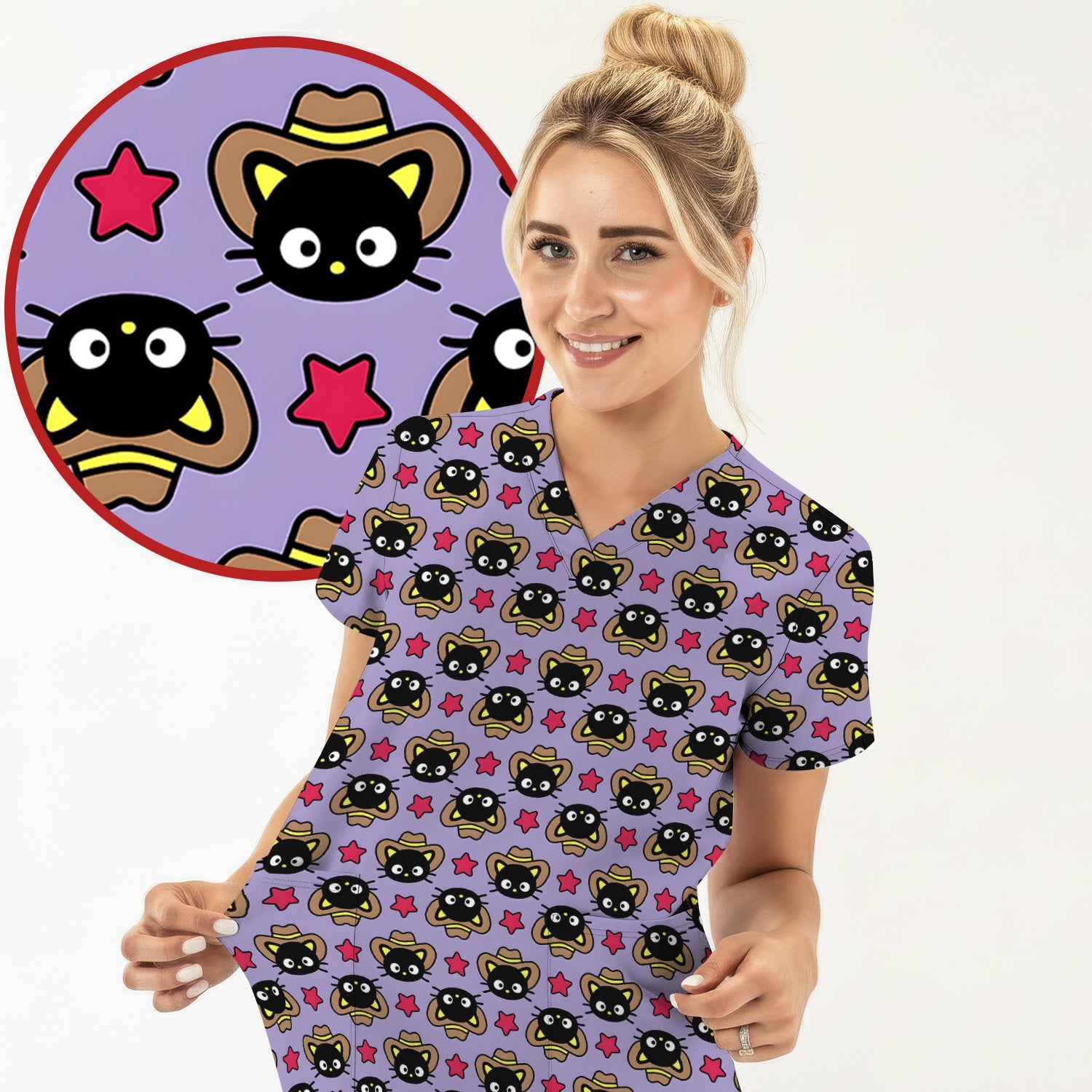 Cute Cartoon Cowboy Cat PatternScrub Top, Comfortable Scrubs for Nurses