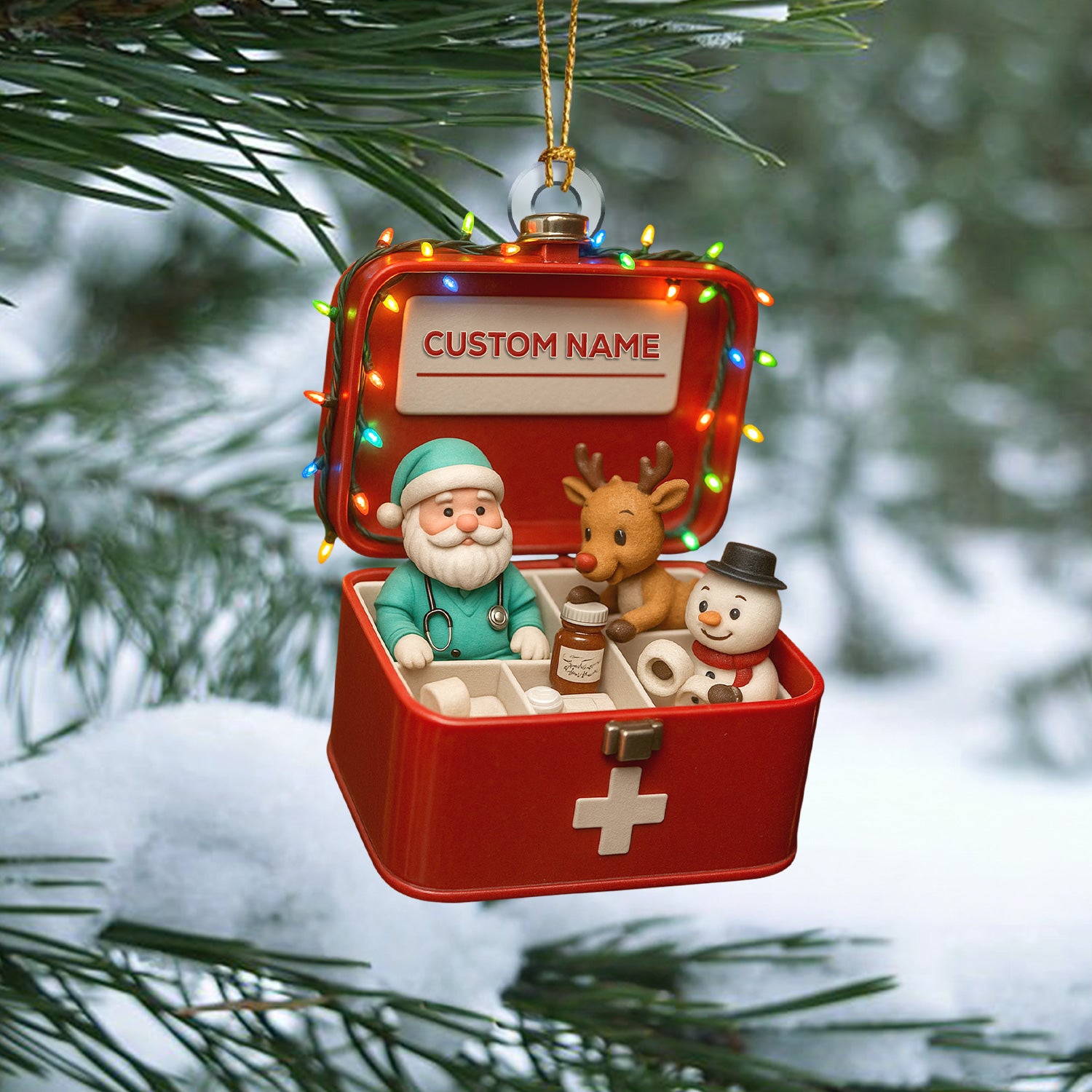 Personalized First Aid Christmas Tree Ornament – Custom Name Medical Santa & Reindeer Holiday Box Decor – Cute Nurse Doctor Ornament for Healthcare Workers