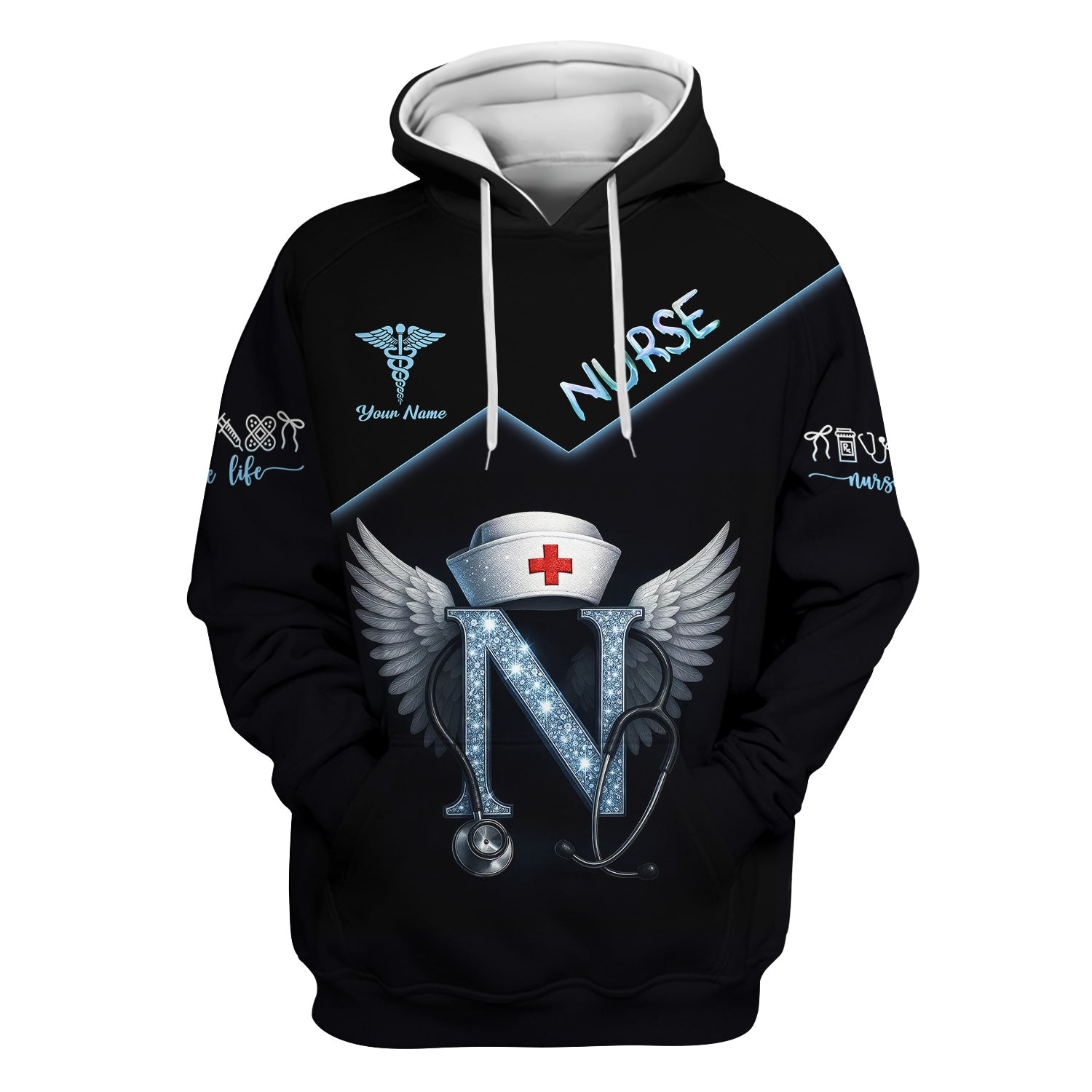 Funny Nurse T-shirt with Glowing 'N' Design - Customizable with Stethoscope & Wings Design - Perfect for RN, CNA, LPN, Healthcare Professionals