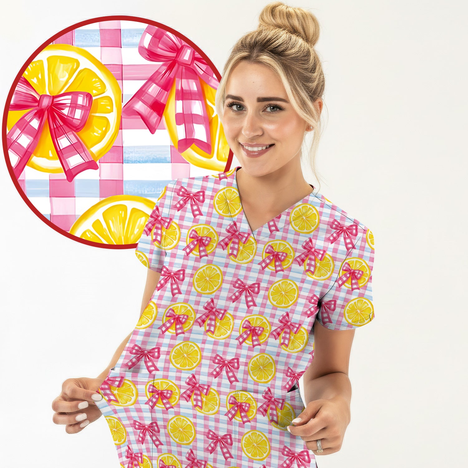 Cute Lemon Slice Pink Bow Gingham Pattern Scrub Top, Comfortable Scrubs for Nurses