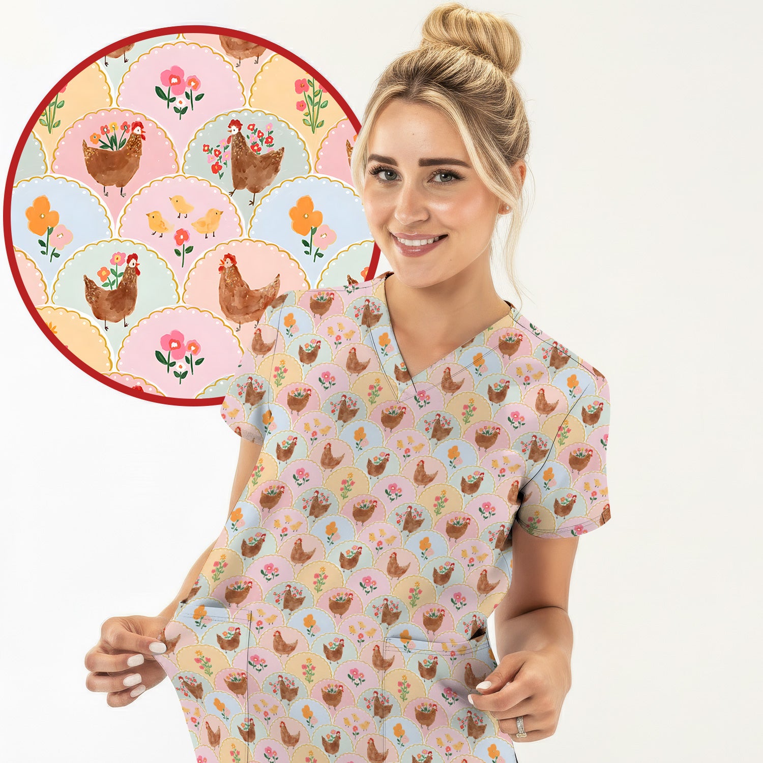 Pastel Chicken With Floral Scrub Top, Cute Chicken Nursing Uniform For Women