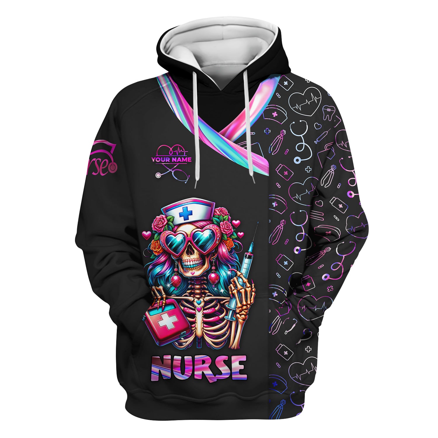Personalized Funny Skeleton Nurse Scrub Top - Heart Sunglasses & Syringe Design - Custom Name Medical Gift for RN LPN CNA