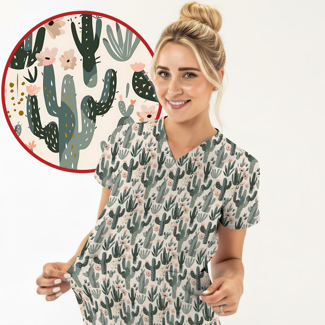 Green Cactus Desert Blossom Pattern Scrub Top, Comfortable Scrubs for Nurses