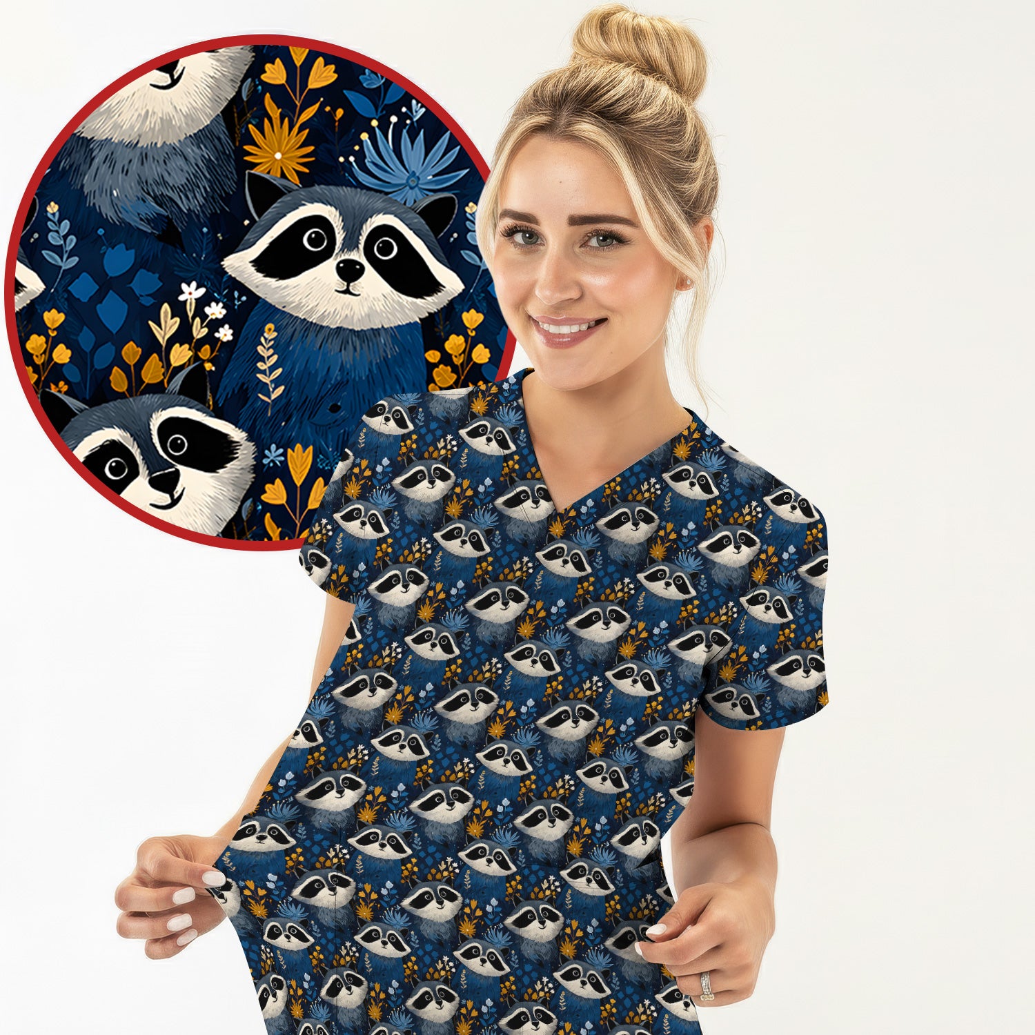 Raccoon With Blue Floral Forest Pattern Scrub Top, Breathable Fabrics Nursing Uniform