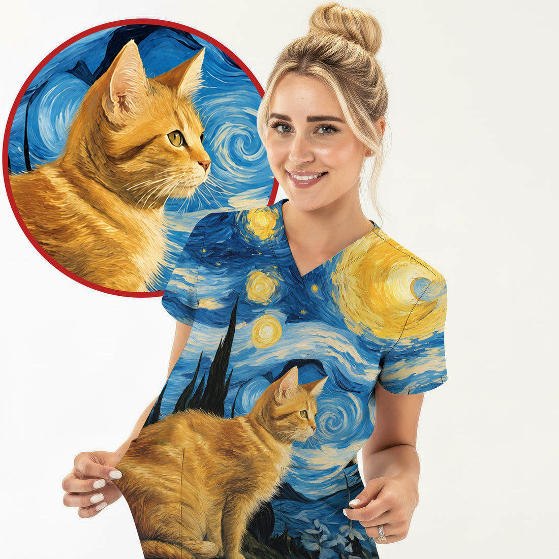 Swirling Moonlit Cat Scene Print Scrub Top, Comfortable Scrubs for Nurses