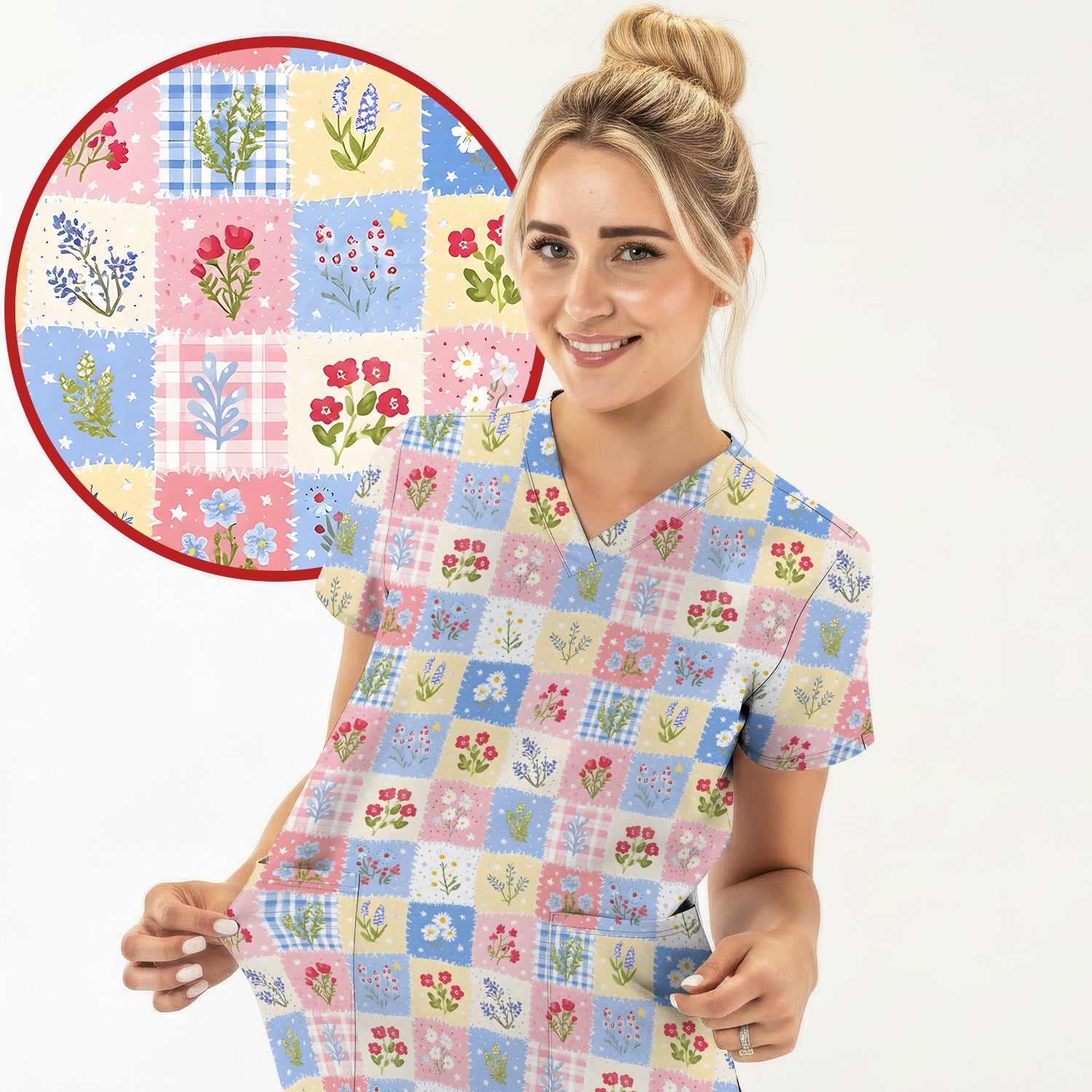 Pastel Patchwork Wildflower Garden Print Scrub Top, Comfortable Scrubs for Nurses