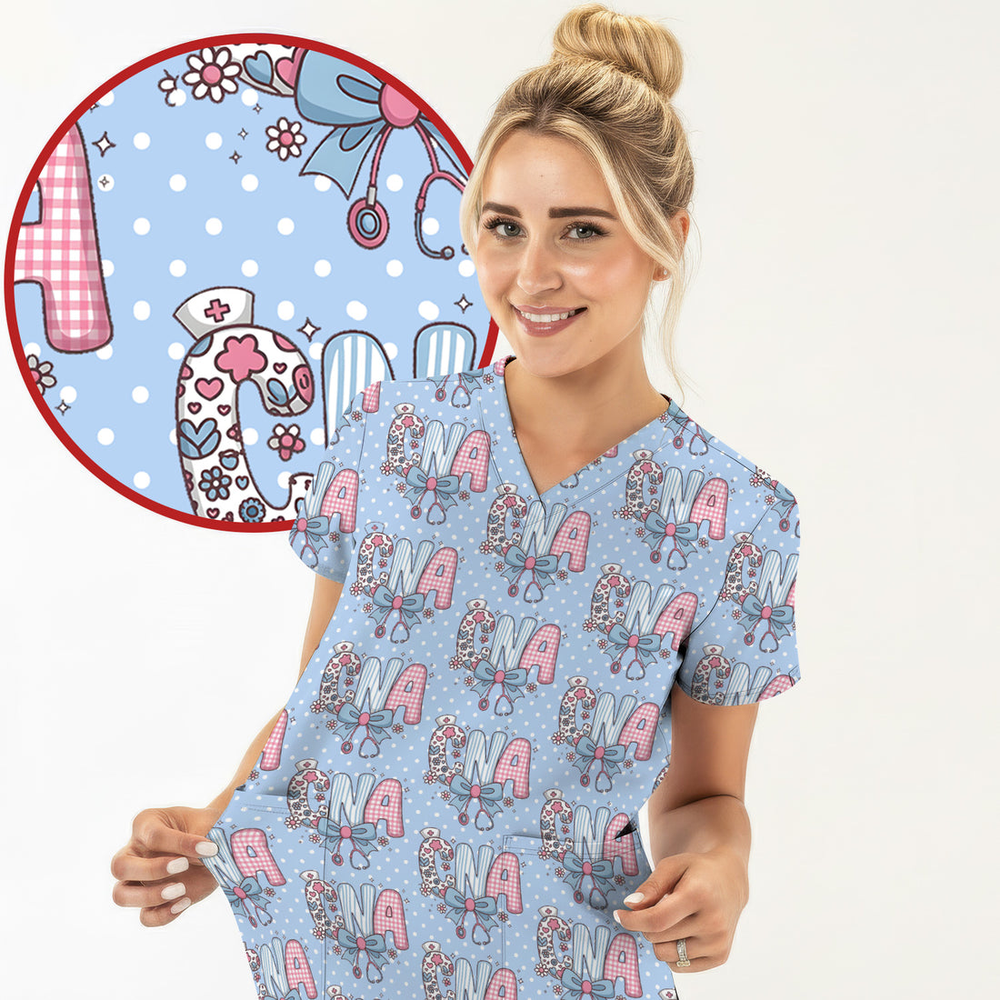 Cute CNA Floral Bow Pattern Scrub Top, Breathable Fabrics Nursing Uniform