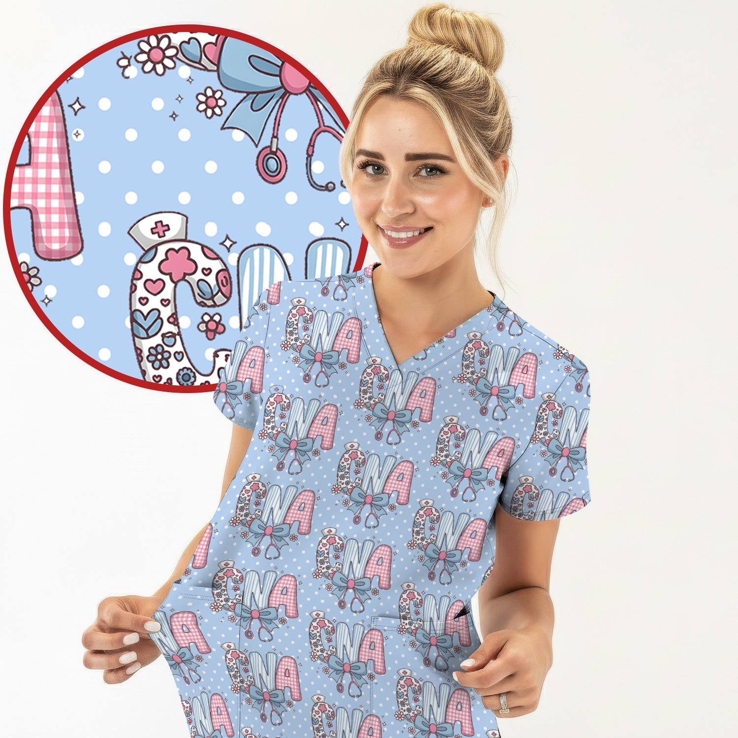 Cute CNA Floral Bow Pattern Scrub Top, Breathable Fabrics Nursing Uniform