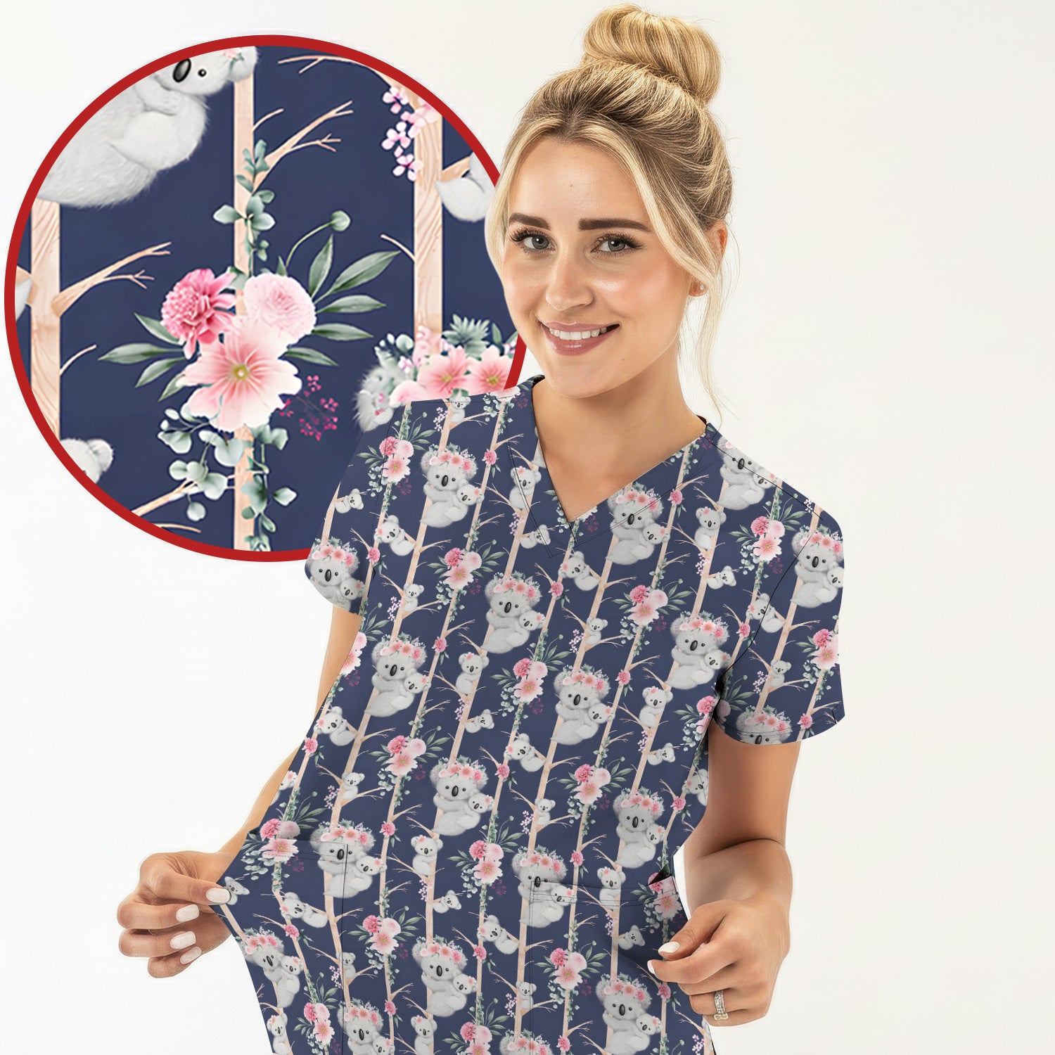 Cute Koala Climbing Tree Blossom Pattern Nurse Scrub Top, Breathable Fabrics Nursing Uniform