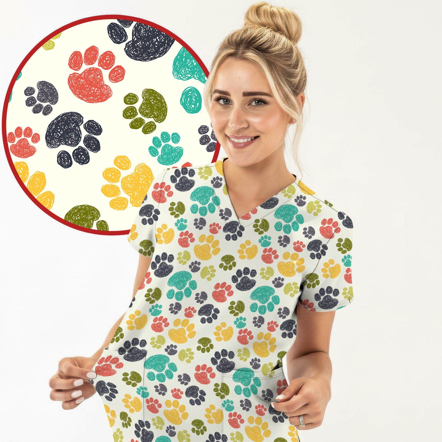 Colorful Paw Print Animal Pattern Scrub Top, Comfortable Scrubs for Nurses