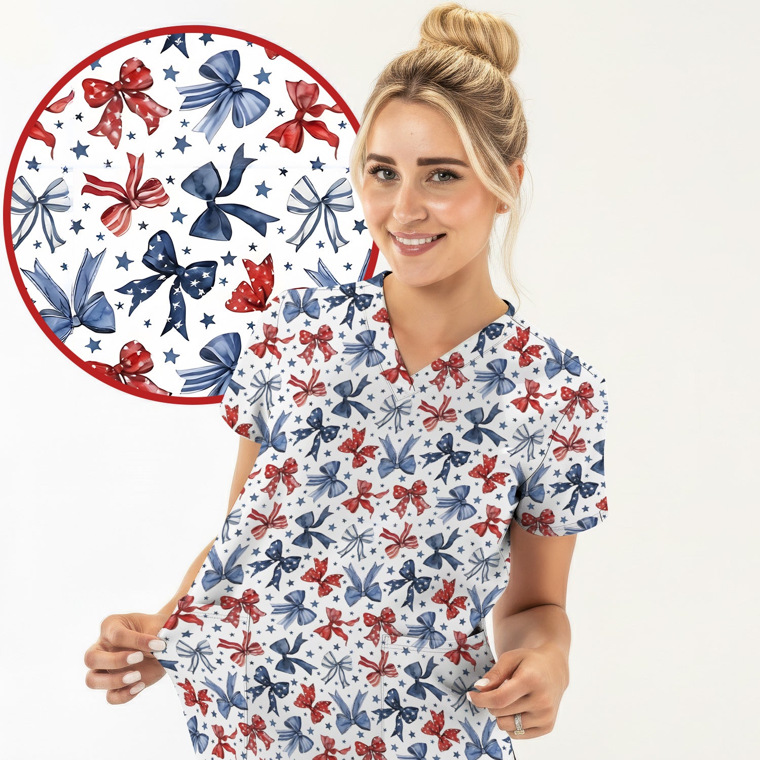 Patriotic Red Blue Ribbon Pattern Scrub Top, Comfortable Scrubs for Nurses