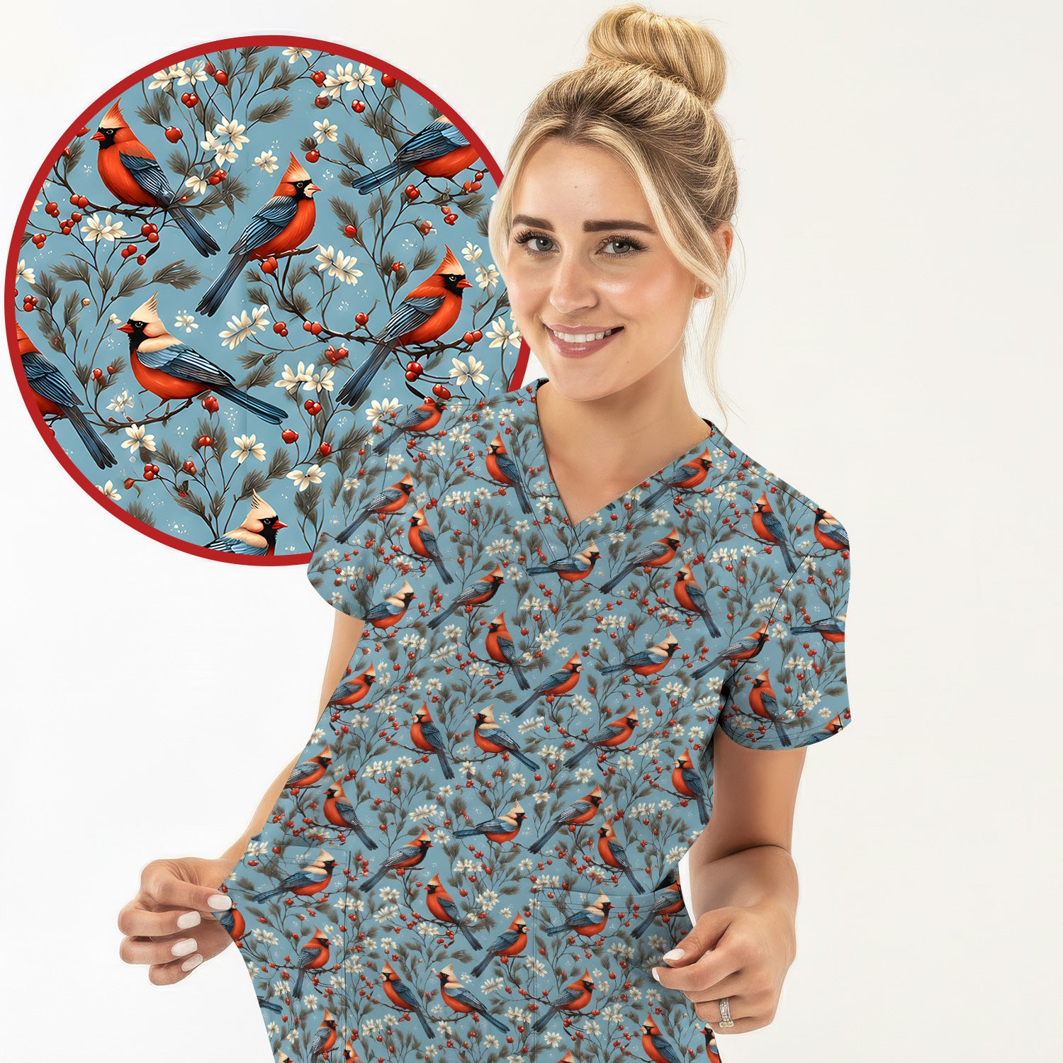 Cute Cardinal Berry Blossom Pattern Scrub Top, Comfortable Scrubs for Nurses