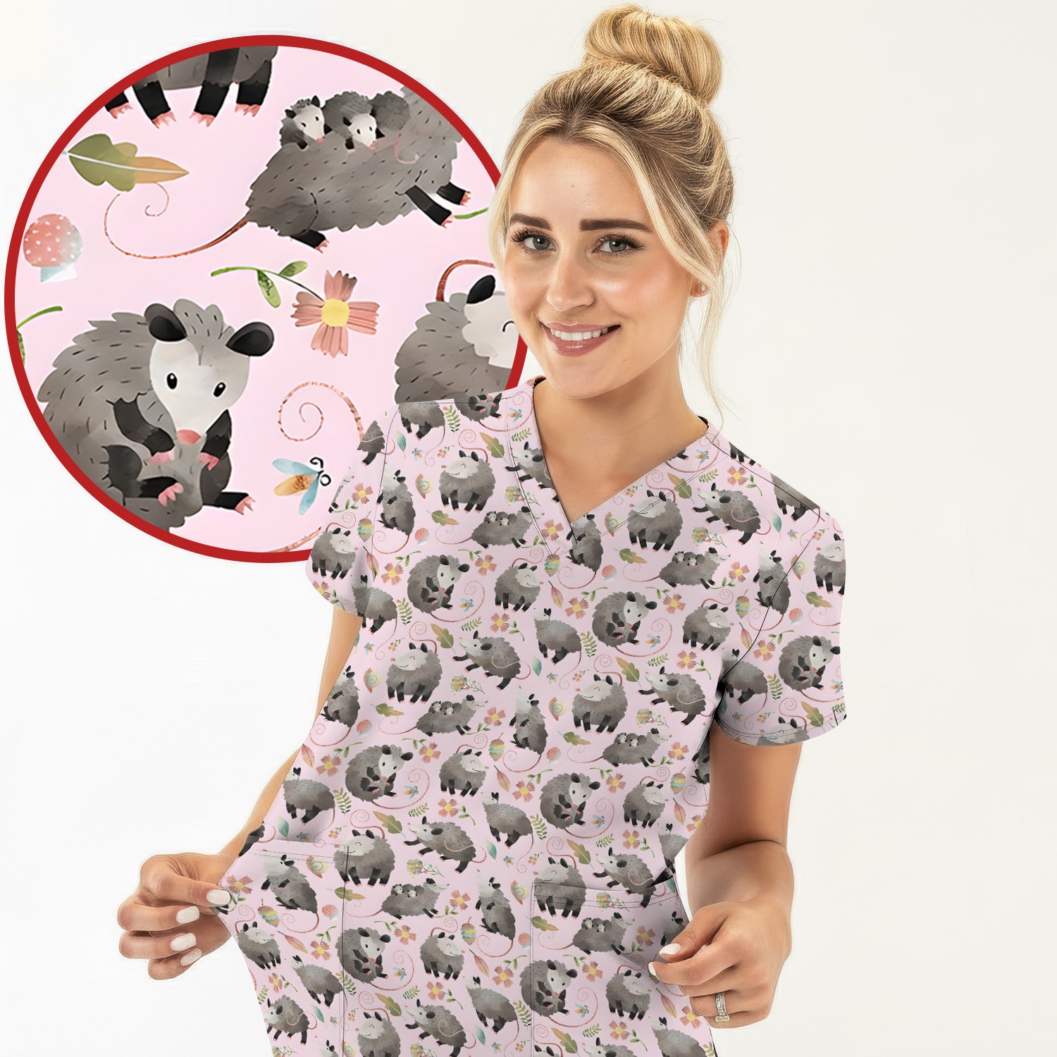 Cute Opossum Playing Flower Garden Pattern Scrub Top, Comfortable Scrubs for Nurses