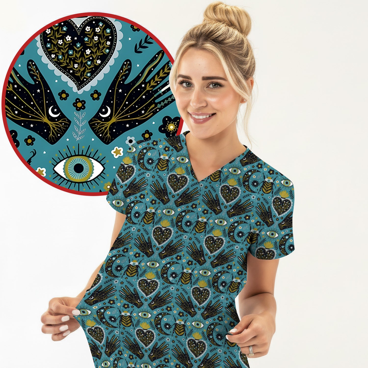 Mystic Celestial Heart & Evil Eye Pattern Scrub Top, Breathable Fabrics Nursing Uniform