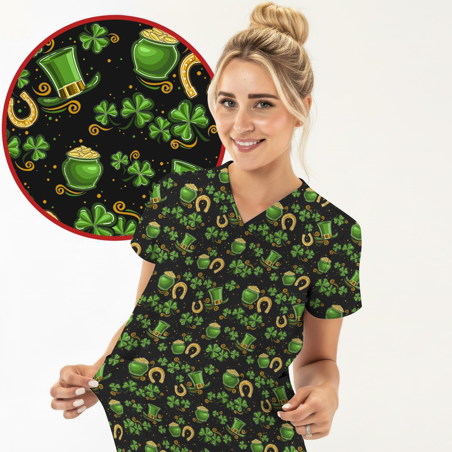 St. Patrick Shamrock Pattern Scrub Top, Comfortable Scrubs for Nurses