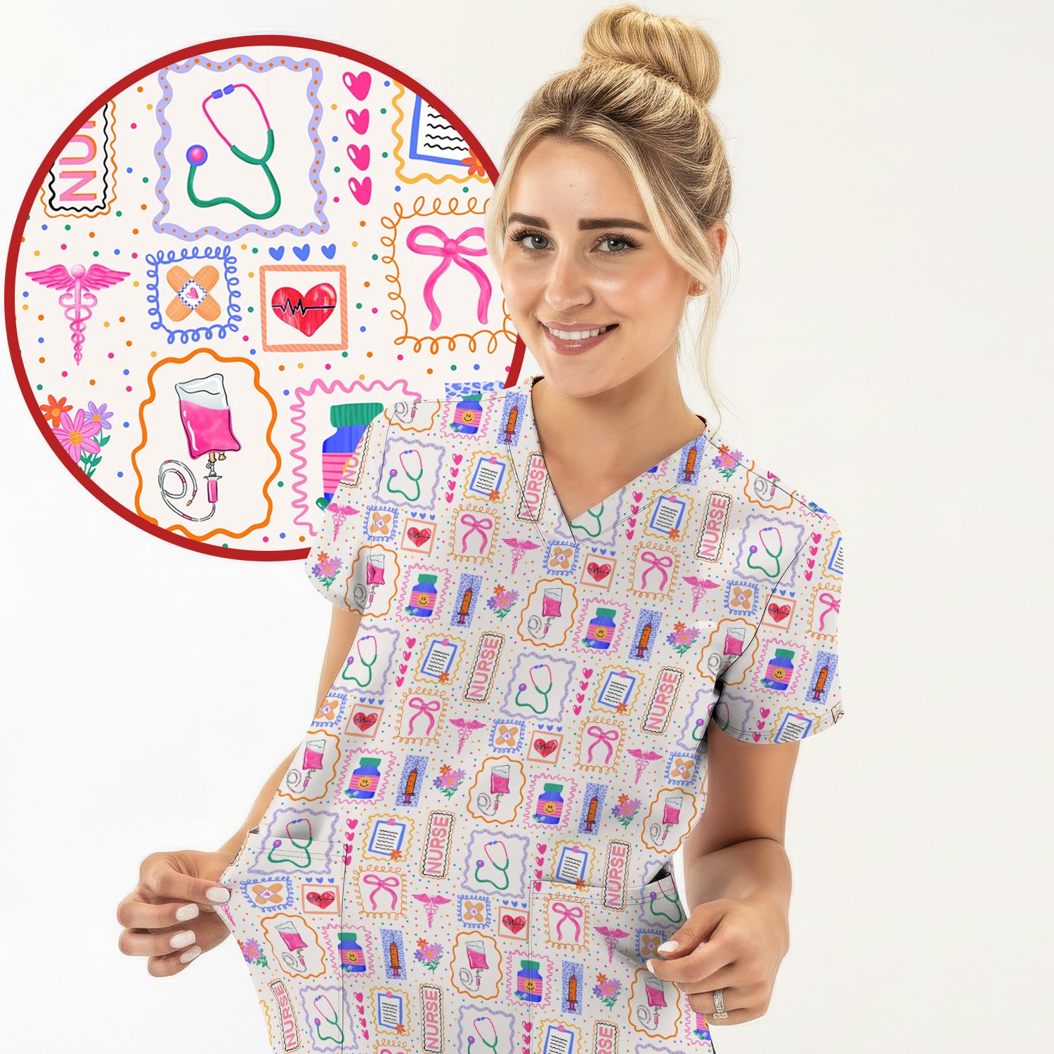 Colorful Nurse Medical Icon Pattern Scrub Top, Comfortable Scrubs for Nurses